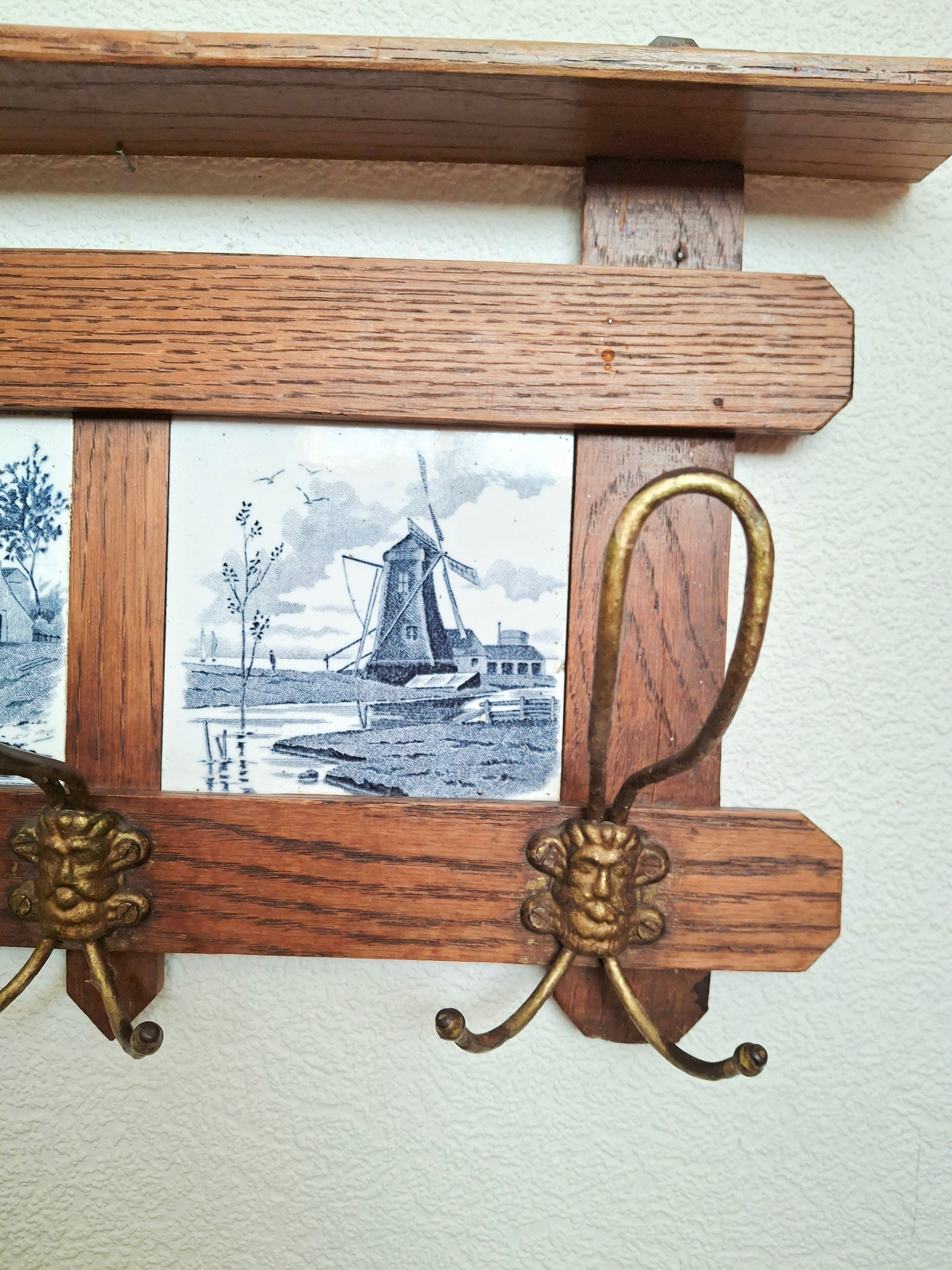 Antique dutch coat rack 1920 solid oak and tiles