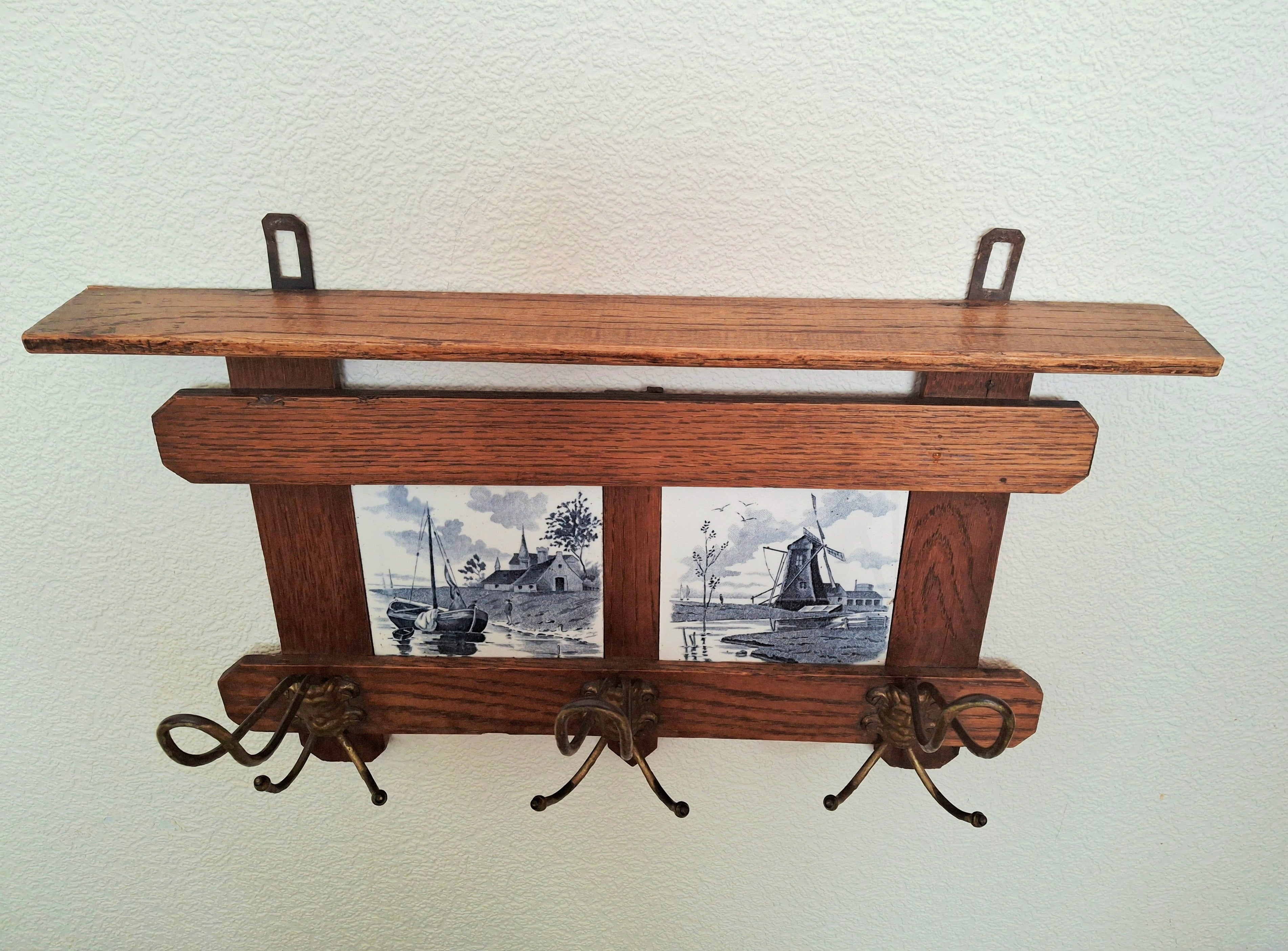 Antique dutch coat rack 1920 solid oak and tiles