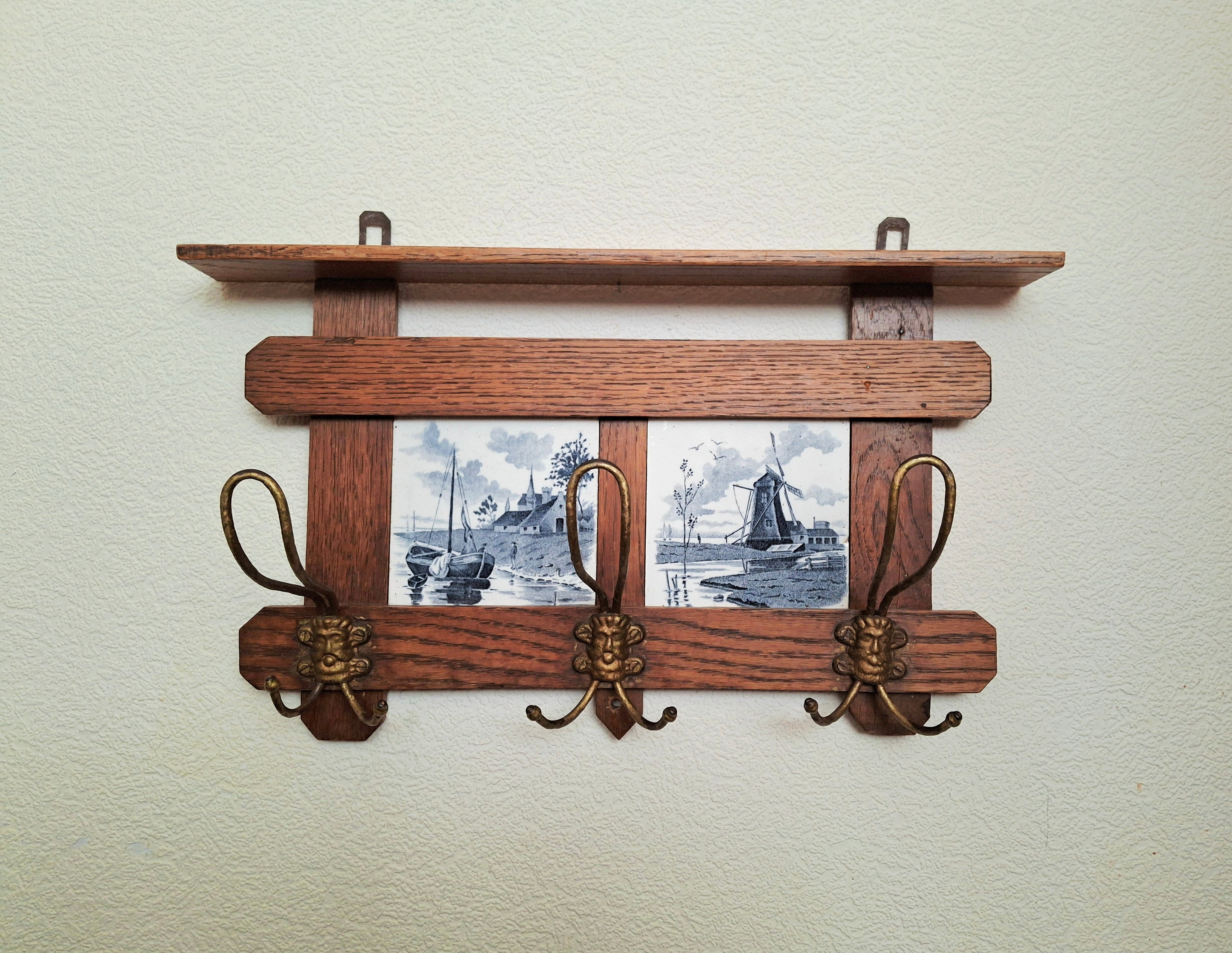 Antique dutch coat rack 1920 solid oak and tiles