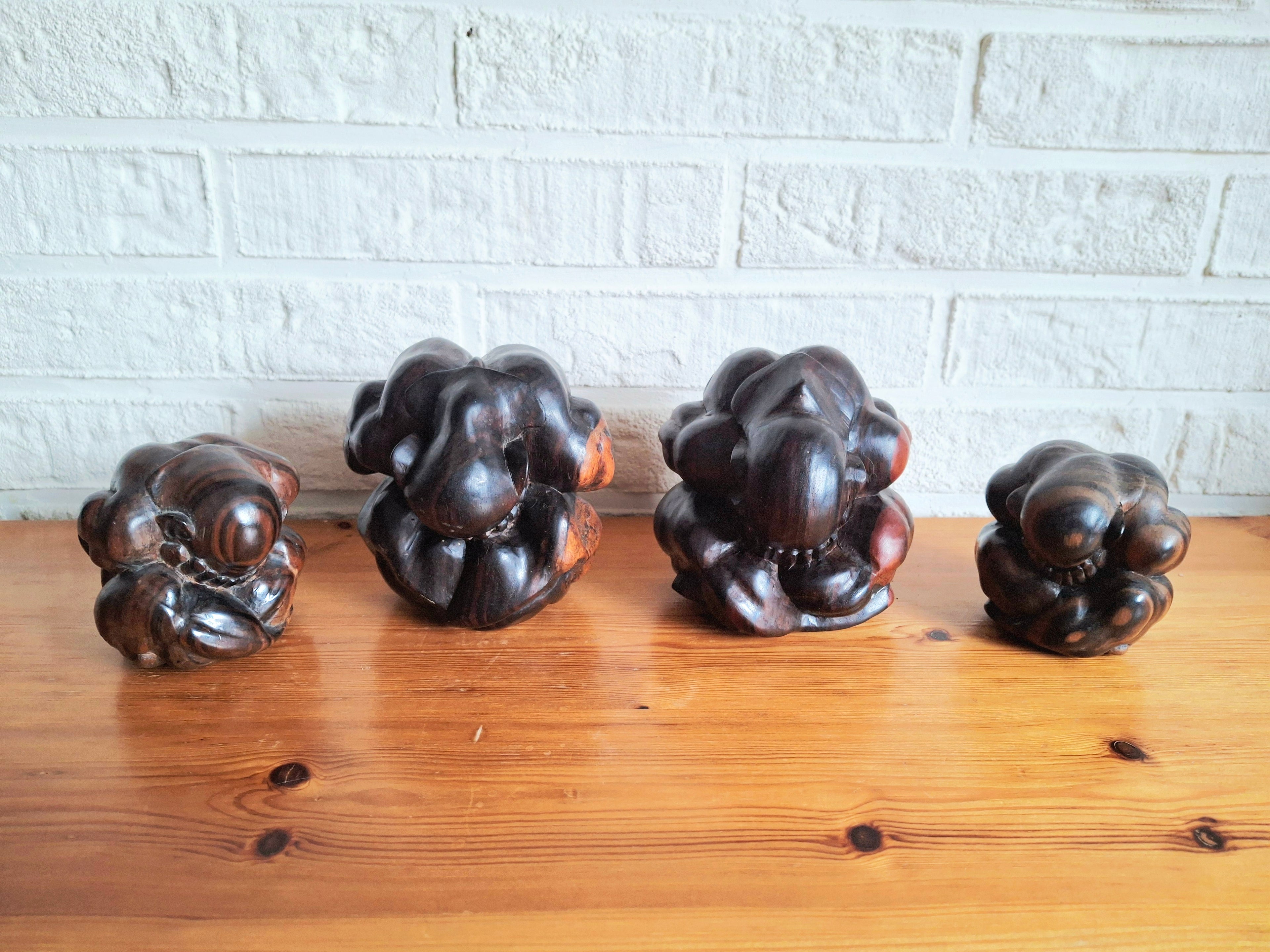 Set of four ironwood Buddha figurines, Hand carved Yogi or Weeping Men Figure, Protective pocket totems