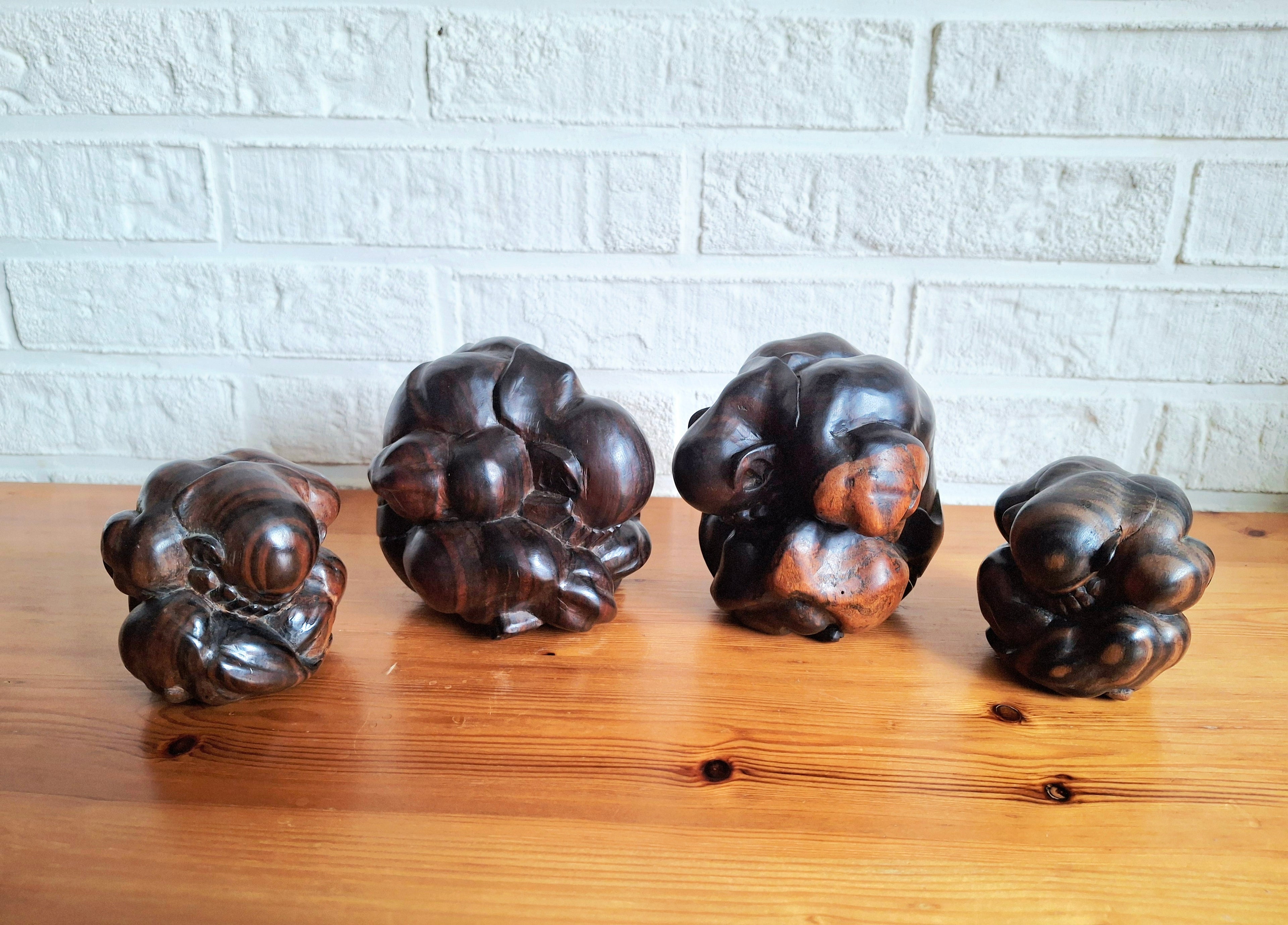 Set of four ironwood Buddha figurines, Hand carved Yogi or Weeping Men Figure, Protective pocket totems