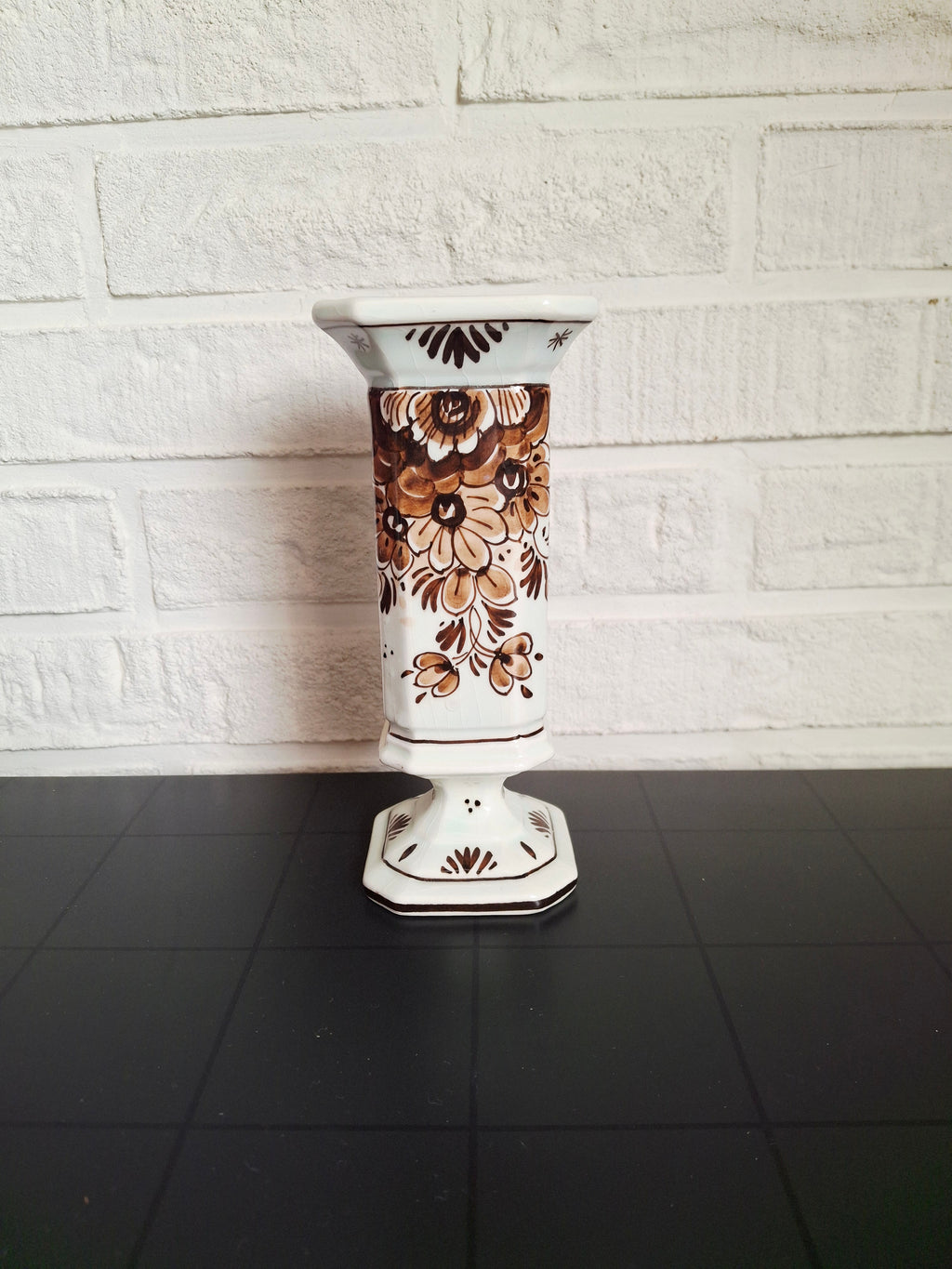 Gouda Brown mini vase,  Hand-painted Dutch pottery, 1960s