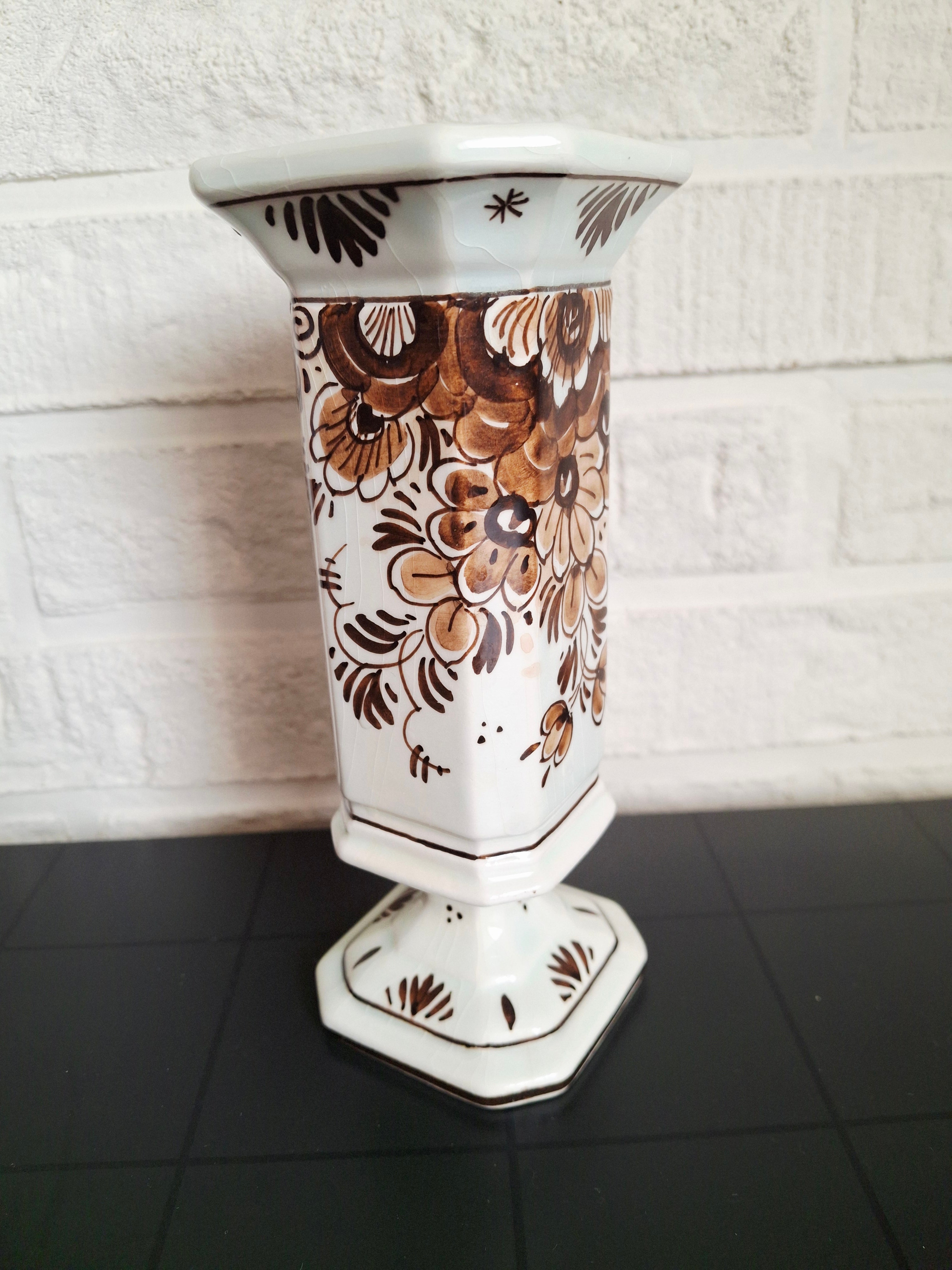 Gouda Brown mini vase,  Hand-painted Dutch pottery, 1960s