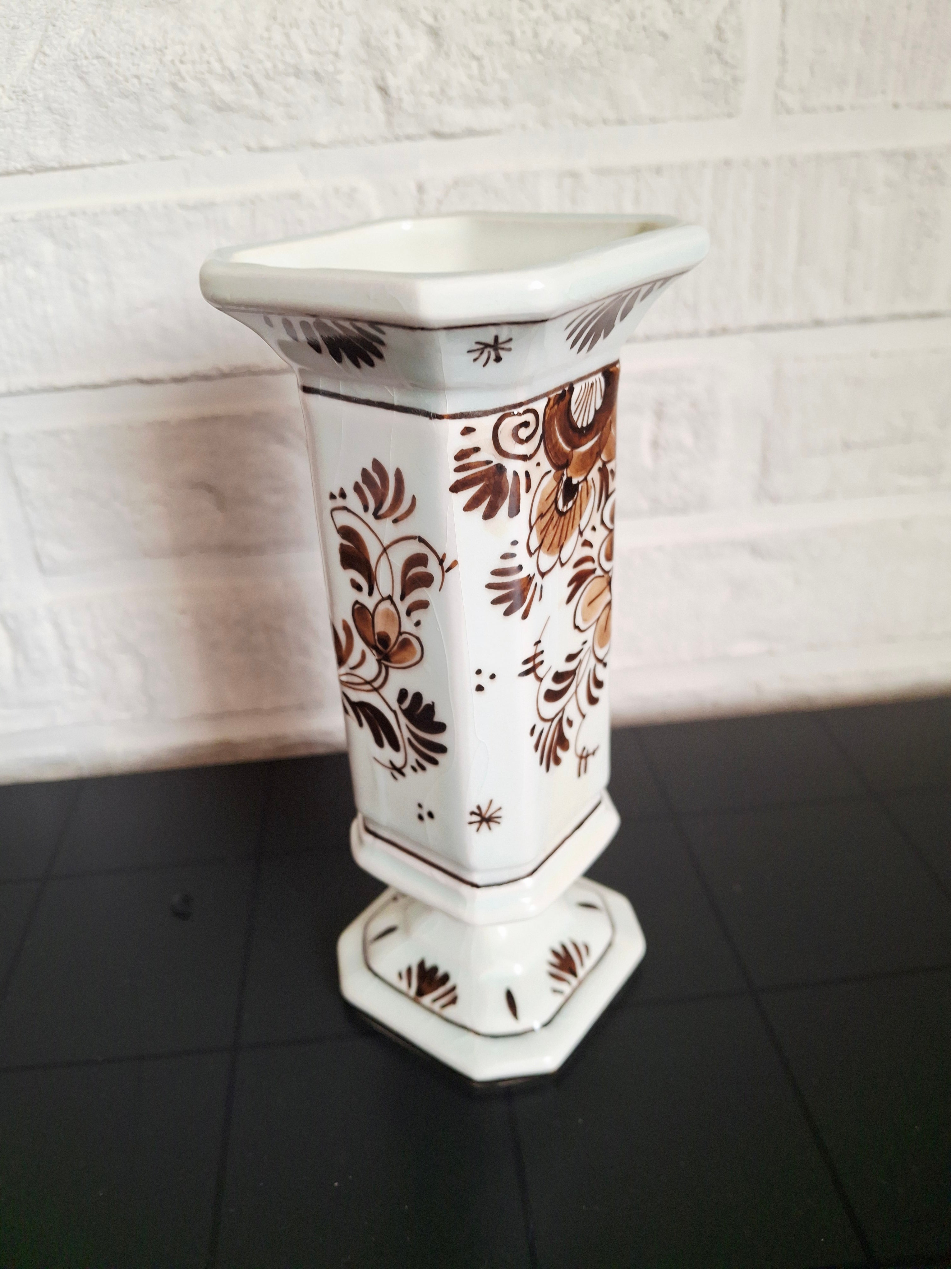 Gouda Brown mini vase,  Hand-painted Dutch pottery, 1960s