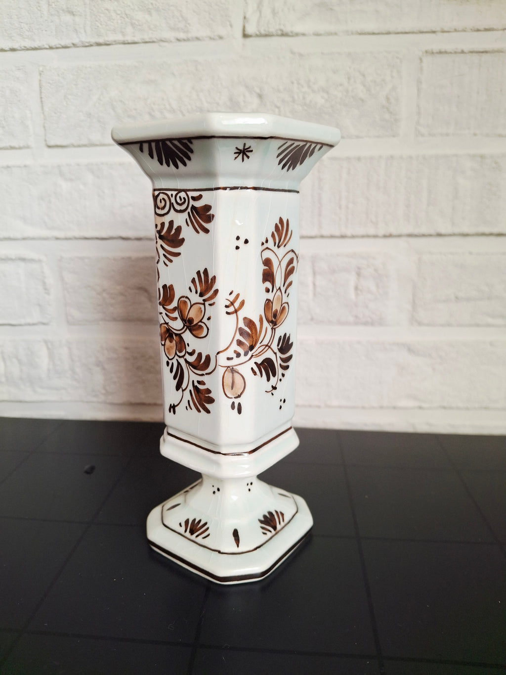 Gouda Brown mini vase,  Hand-painted Dutch pottery, 1960s