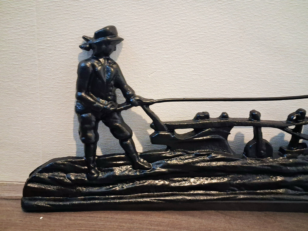 Cast iron wall or fireplace art panel, Horse-drawn plough scene