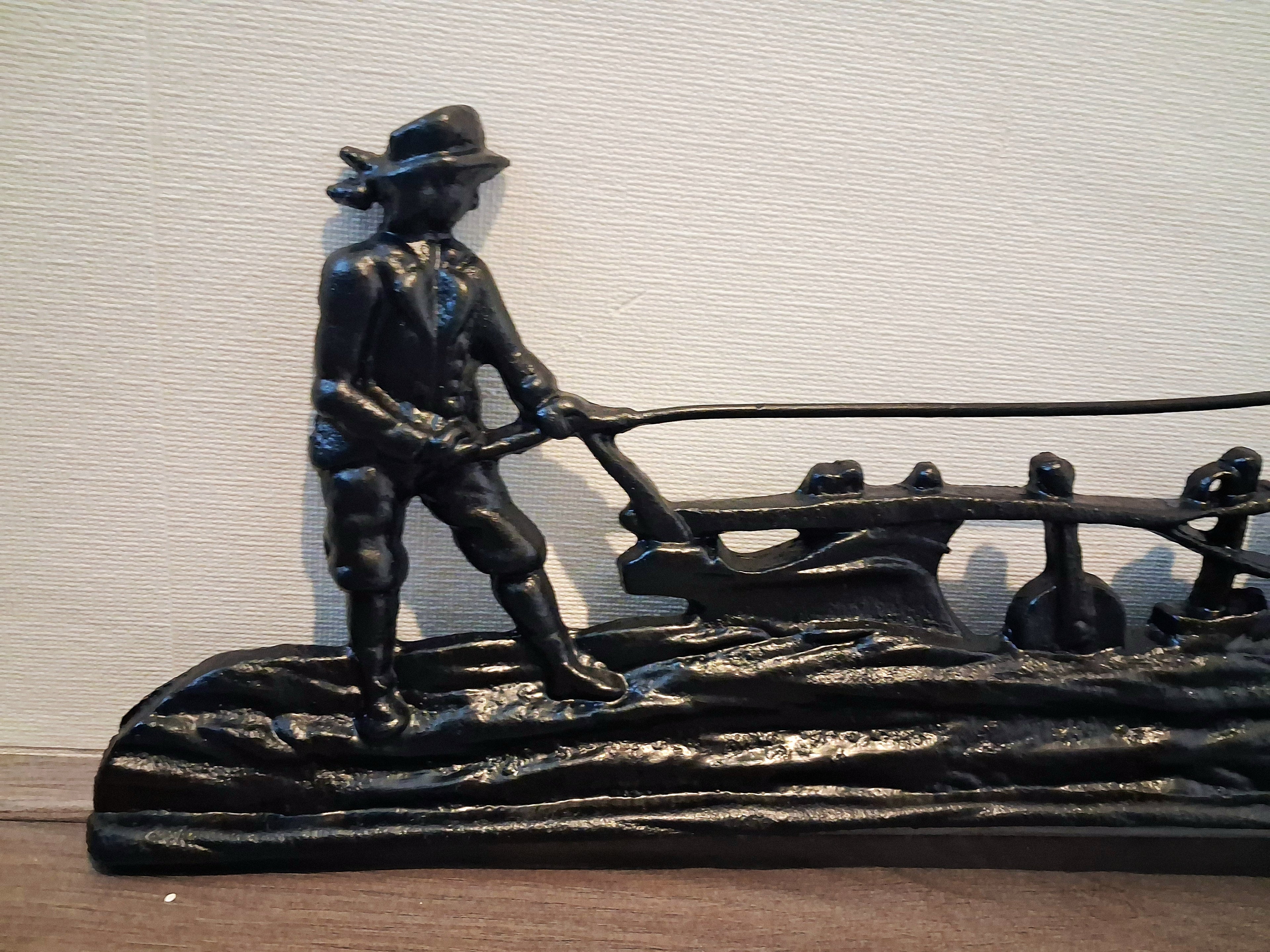 Cast iron wall or fireplace art panel, Horse-drawn plough scene