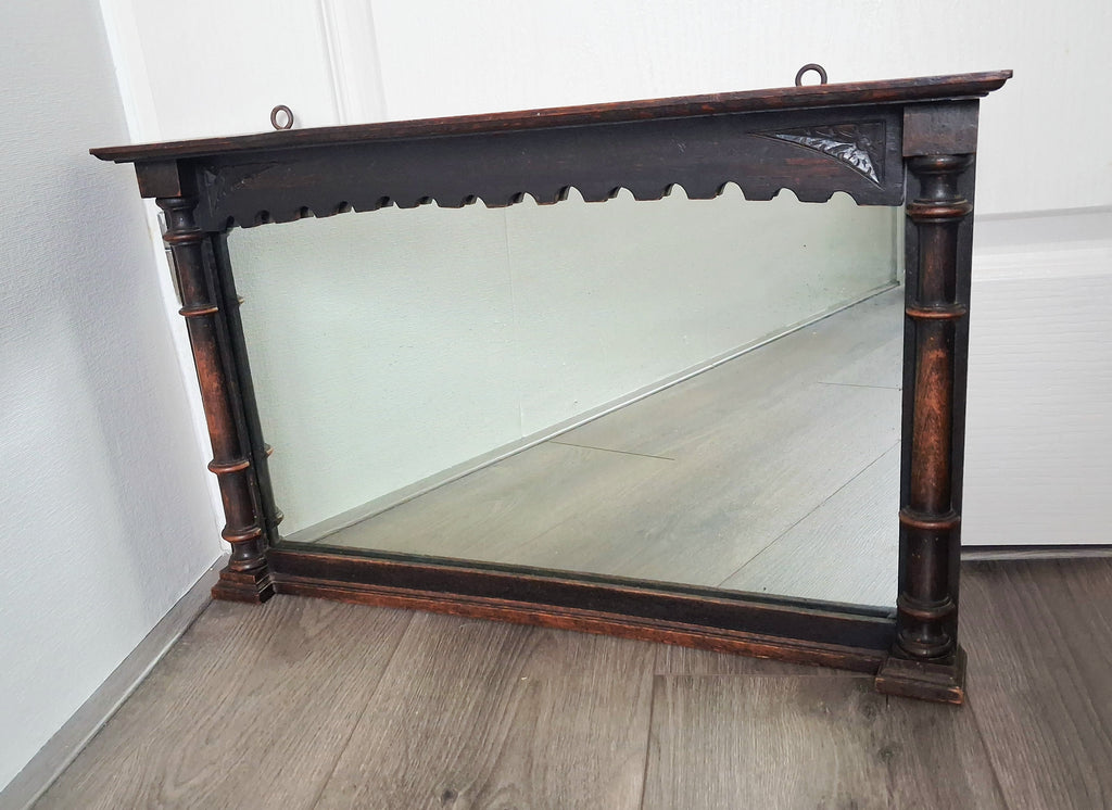 Antique Victorian oak wall mirror with shelf, Late 19th century hall mirror, Entryway mirror, Gothic revival style