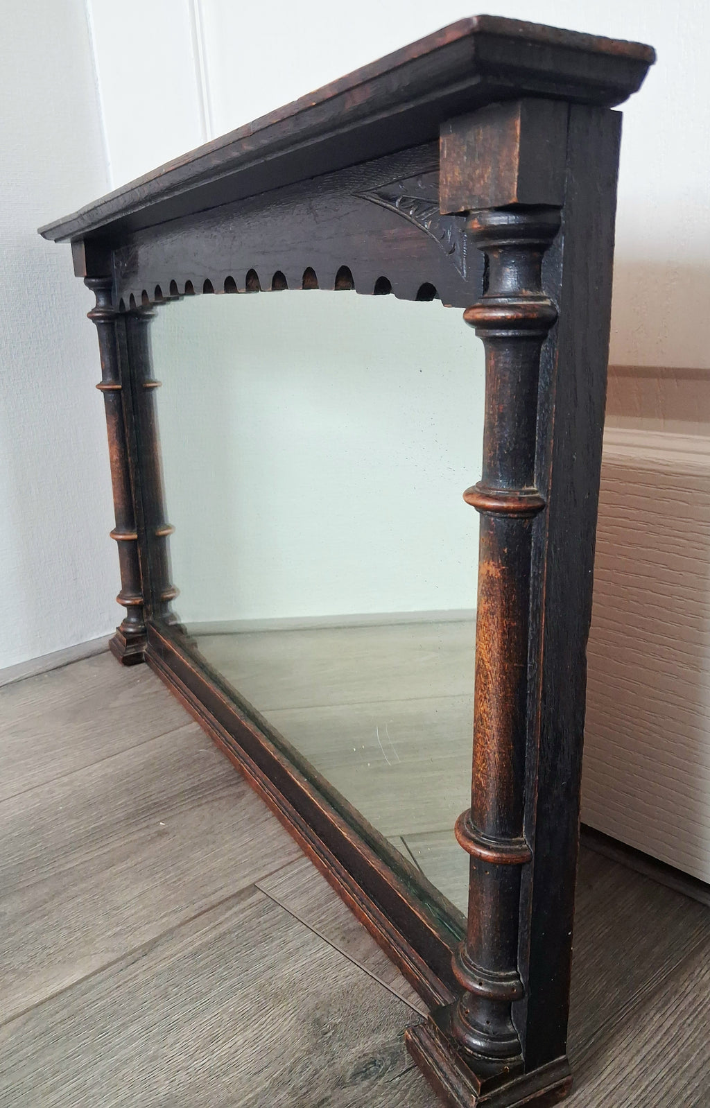Antique Victorian oak wall mirror with shelf, Late 19th century hall mirror, Entryway mirror, Gothic revival style