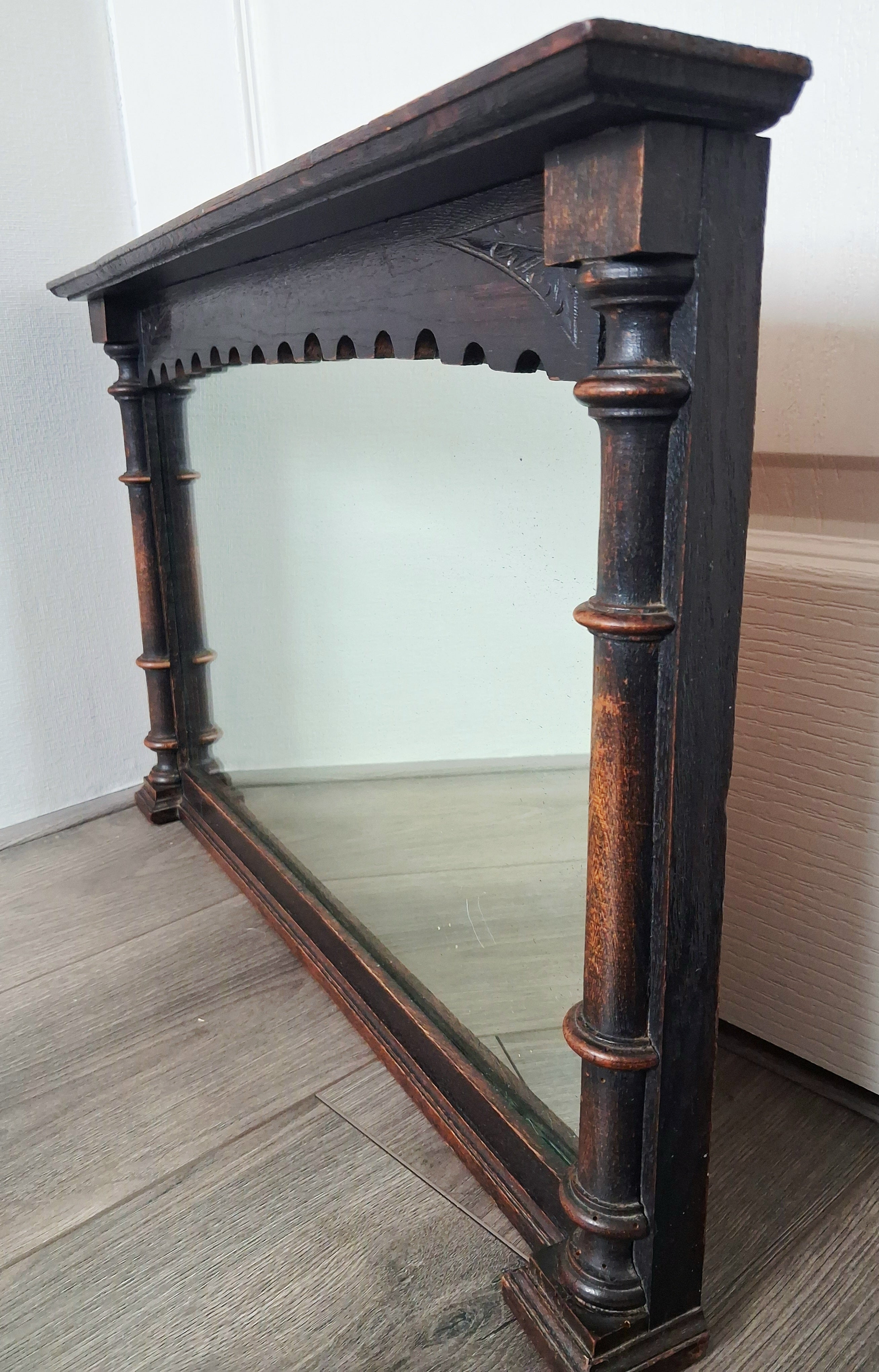 Antique Victorian oak wall mirror with shelf, Late 19th century hall mirror, Entryway mirror, Gothic revival style