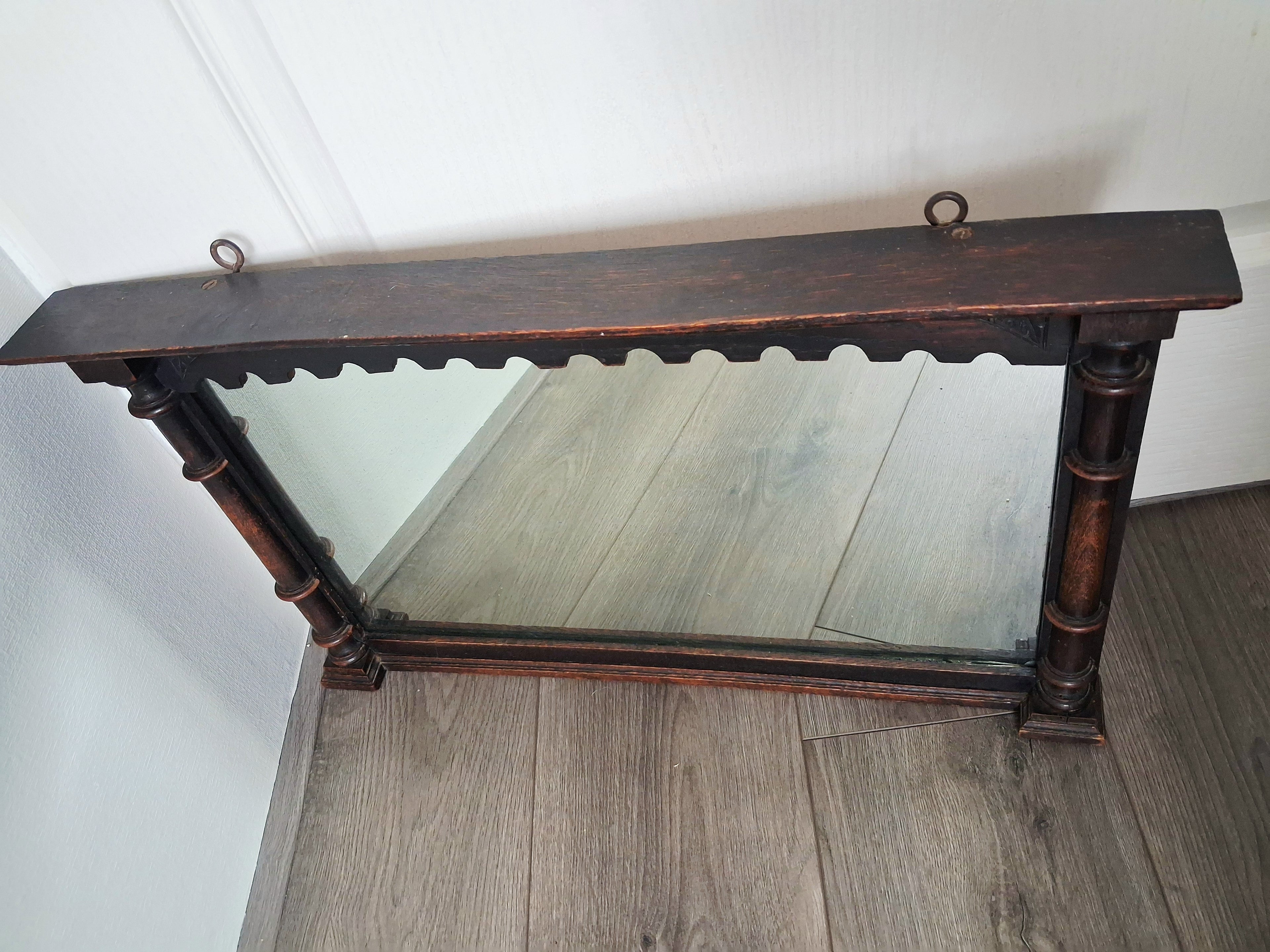Antique Victorian oak wall mirror with shelf, Late 19th century hall mirror, Entryway mirror, Gothic revival style