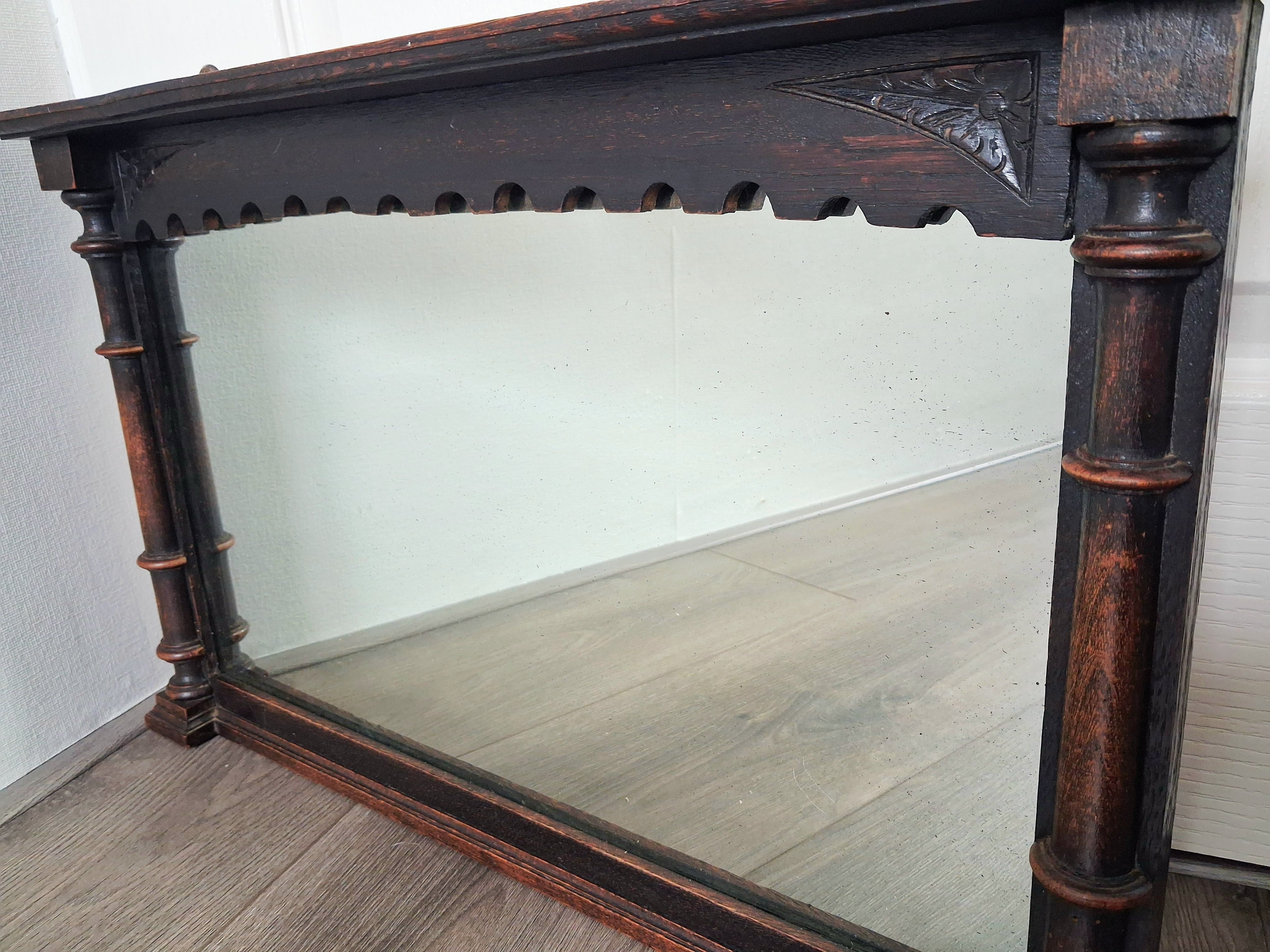 Antique Victorian oak wall mirror with shelf, Late 19th century hall mirror, Entryway mirror, Gothic revival style