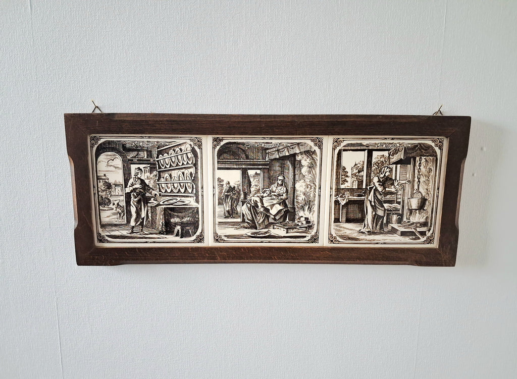 Dutch ceramic tile wall panel, Delft style tiles in wooden frame, Kitchen scenes