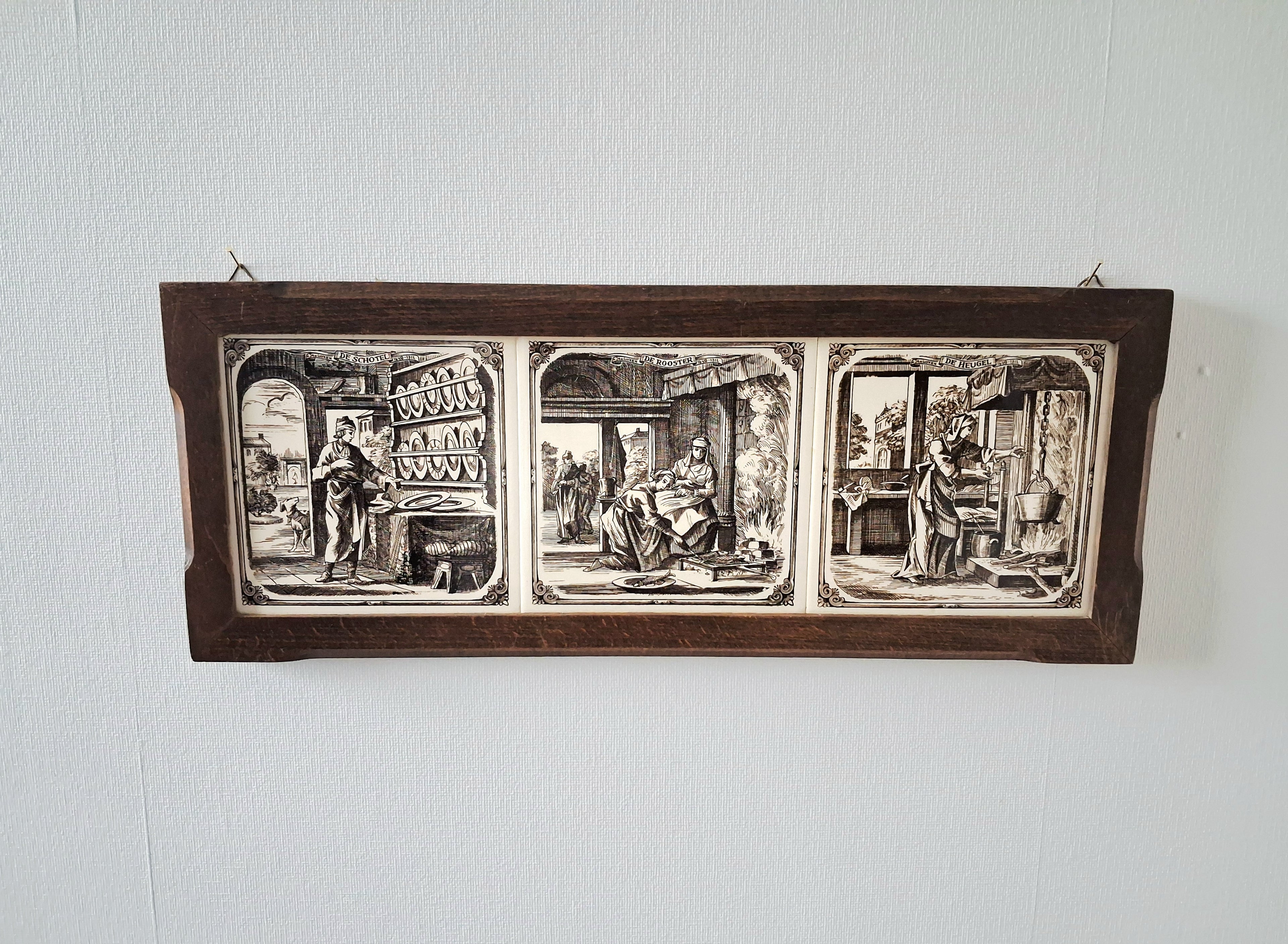 Dutch ceramic tile wall panel, Delft style tiles in wooden frame, Kitchen scenes