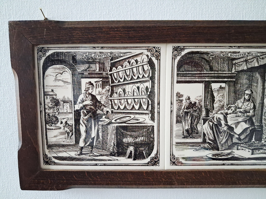 Dutch ceramic tile wall panel, Delft style tiles in wooden frame, Kitchen scenes