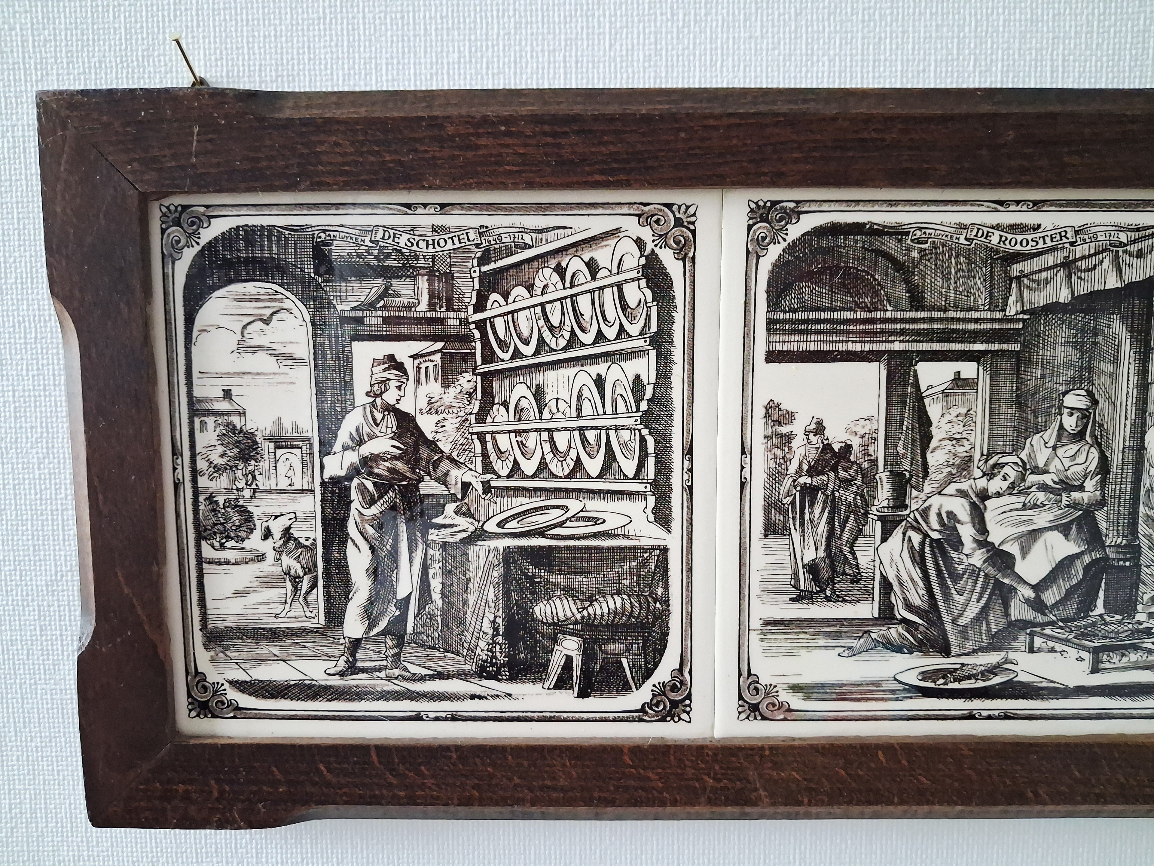 Dutch ceramic tile wall panel, Delft style tiles in wooden frame, Kitchen scenes