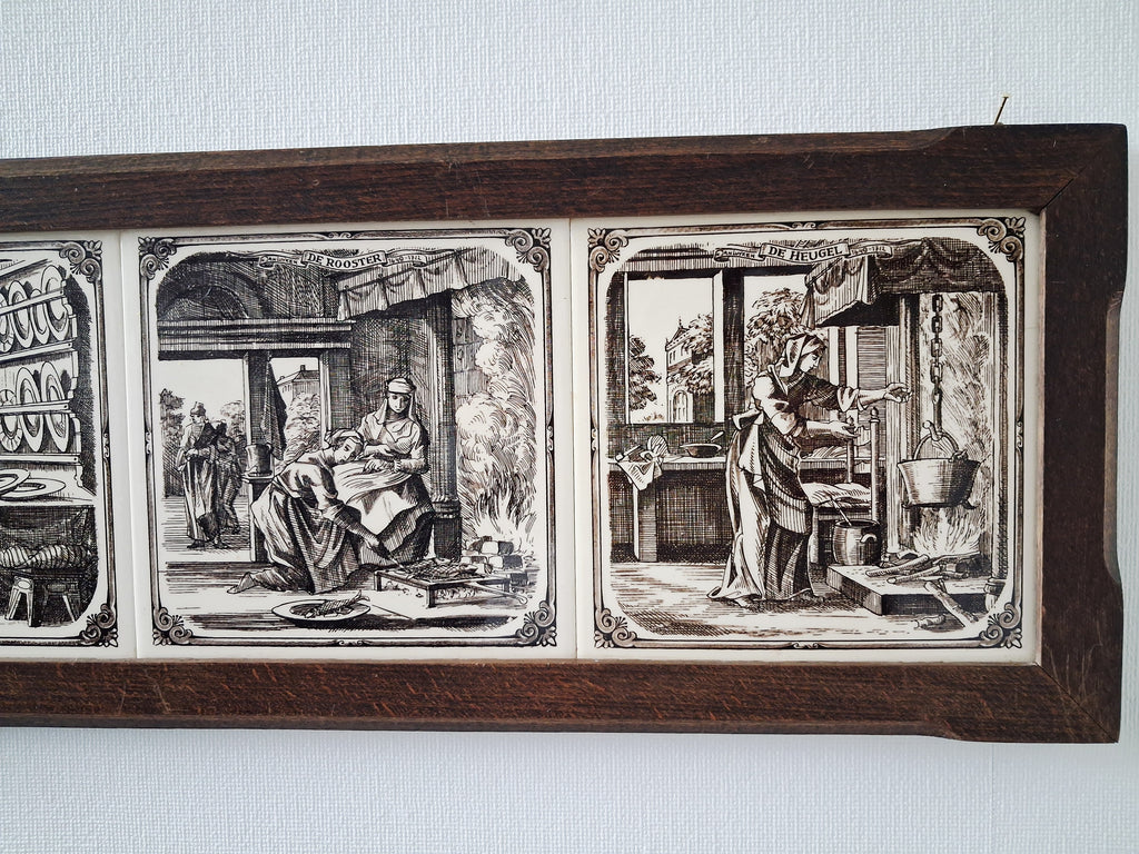 Dutch ceramic tile wall panel, Delft style tiles in wooden frame, Kitchen scenes