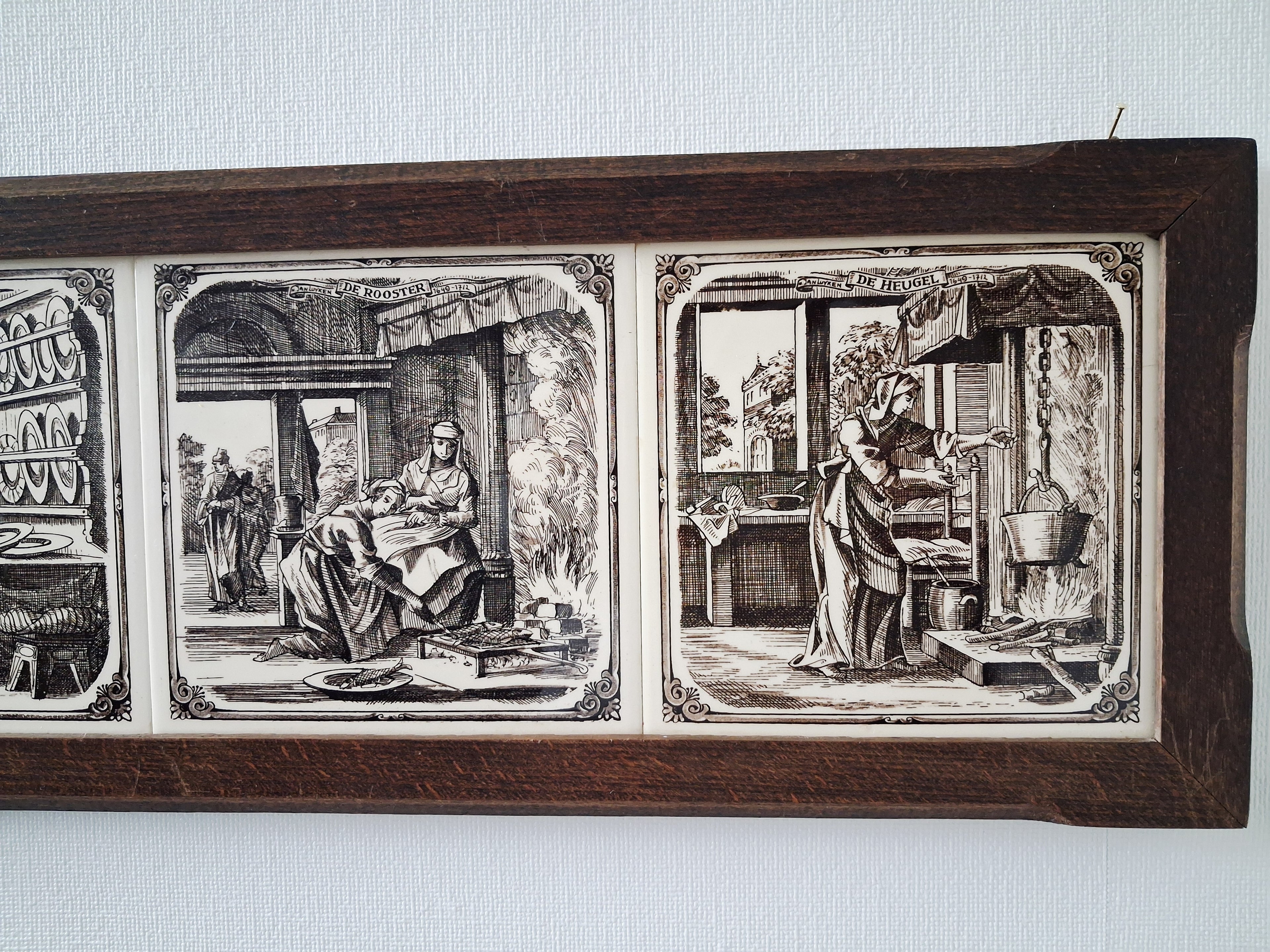 Dutch ceramic tile wall panel, Delft style tiles in wooden frame, Kitchen scenes