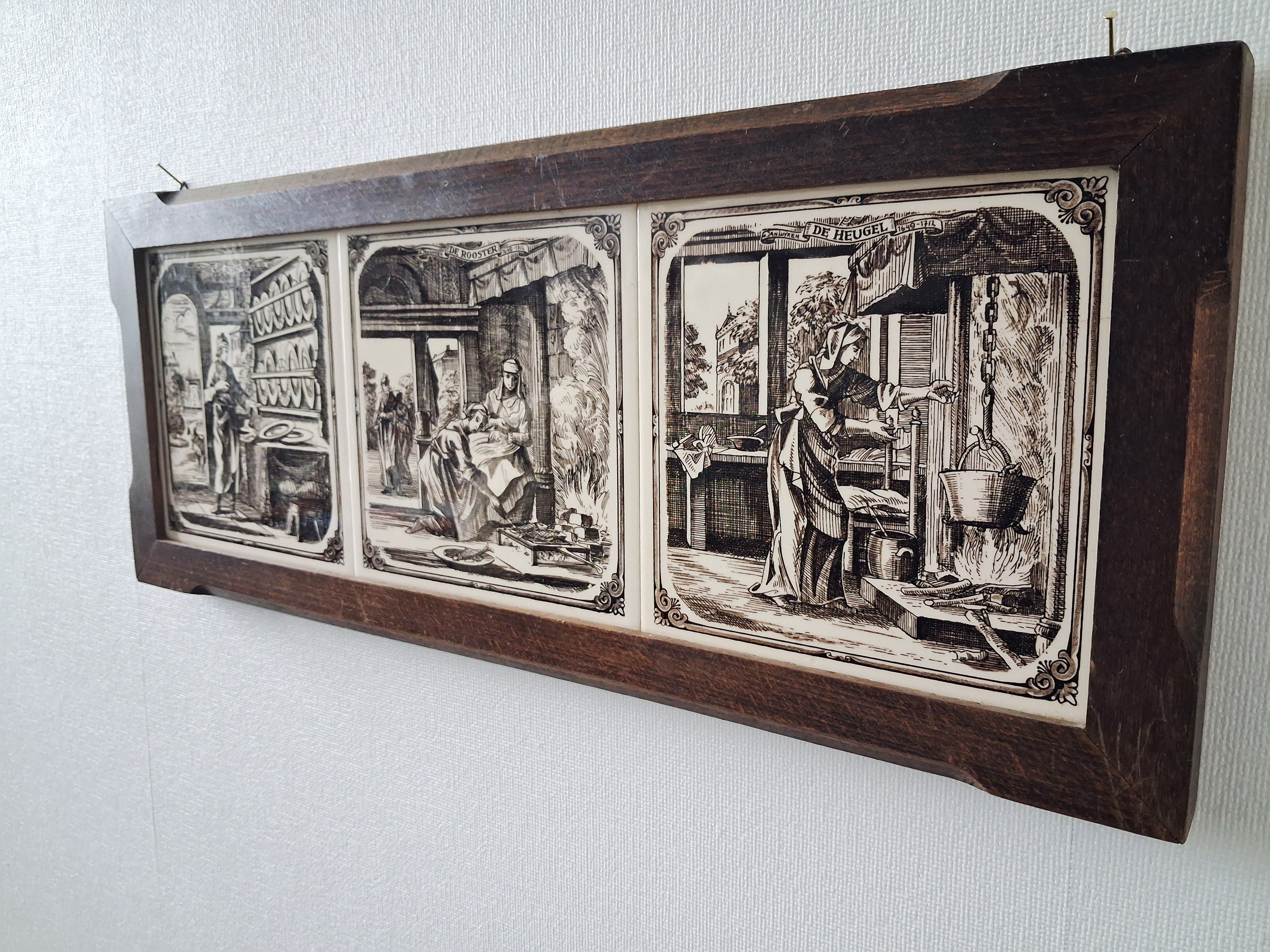 Dutch ceramic tile wall panel, Delft style tiles in wooden frame, Kitchen scenes