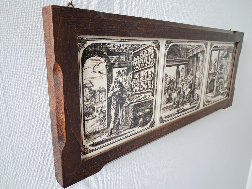 Dutch ceramic tile wall panel, Delft style tiles in wooden frame, Kitchen scenes