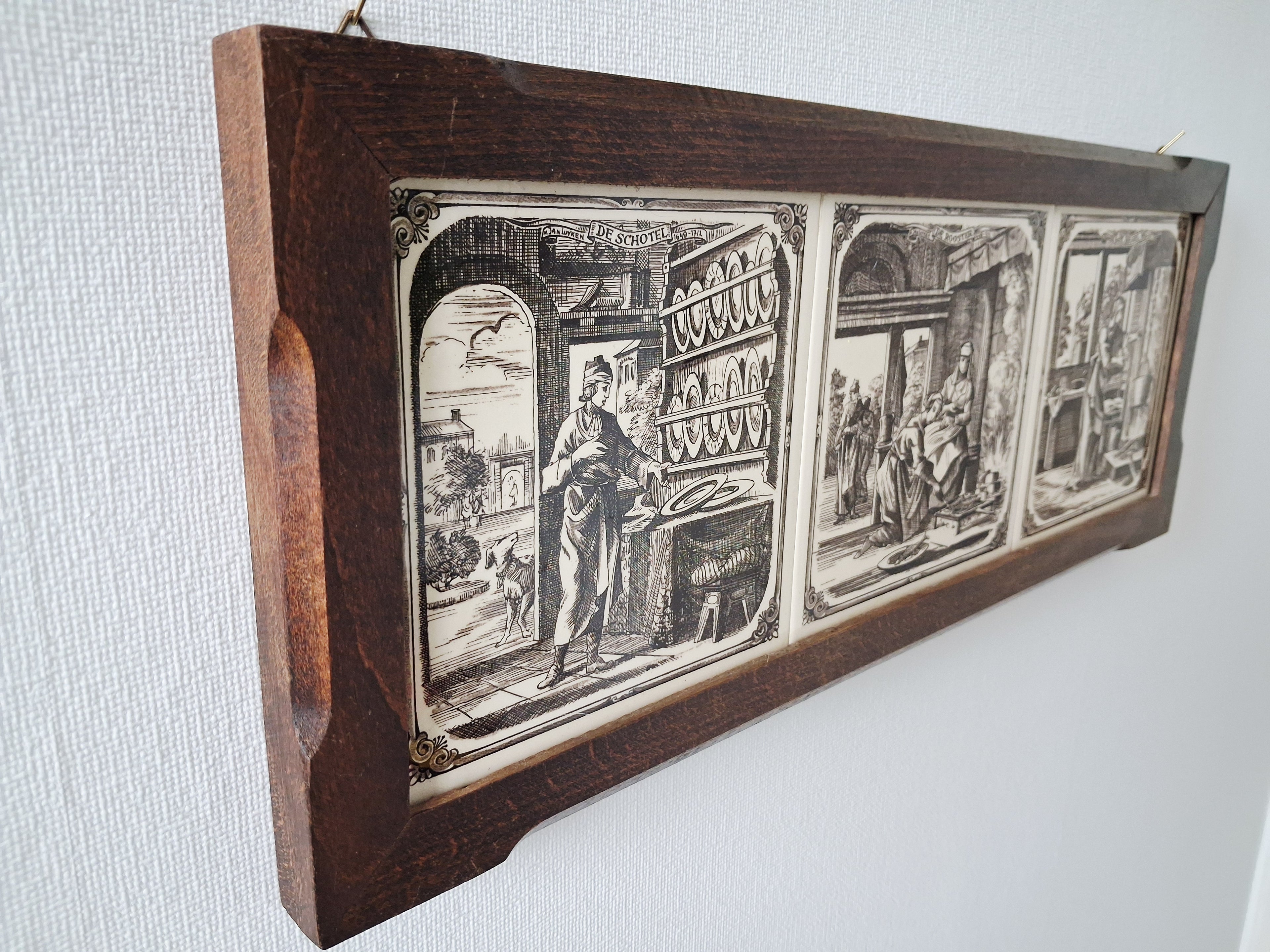 Dutch ceramic tile wall panel, Delft style tiles in wooden frame, Kitchen scenes
