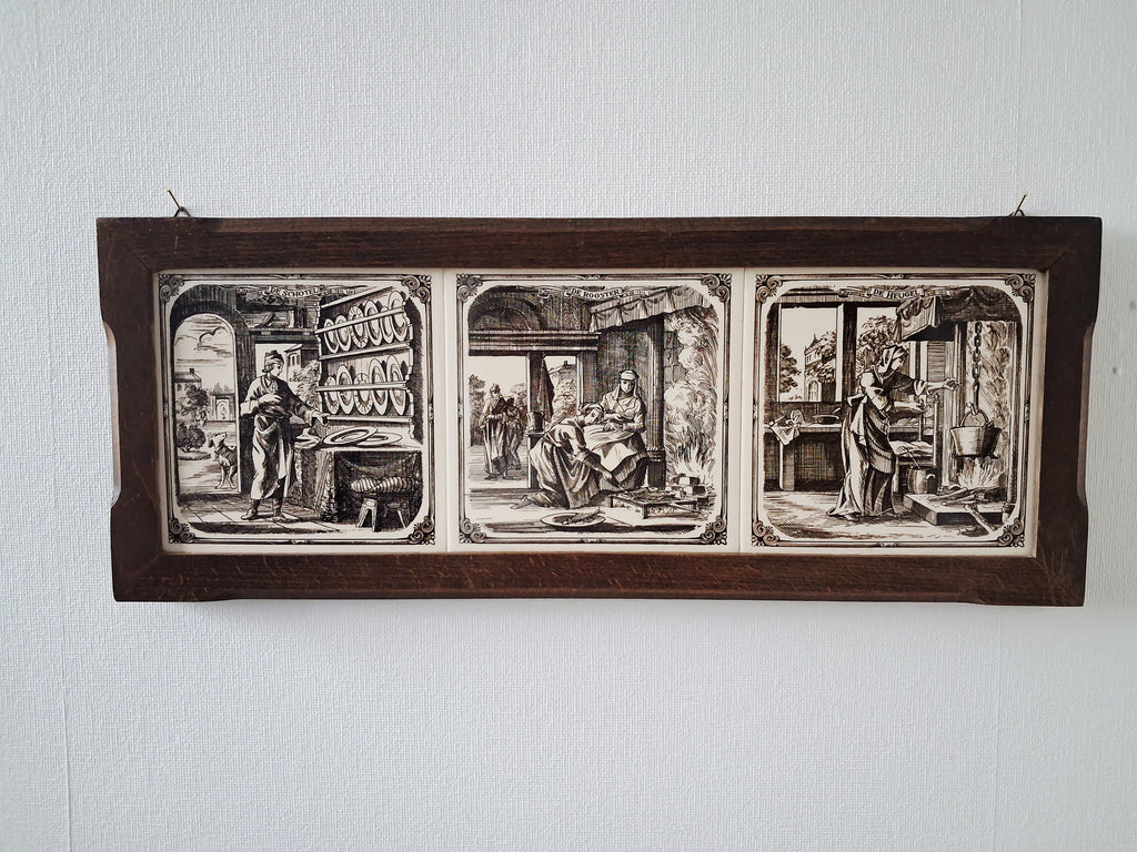 Dutch ceramic tile wall panel, Delft style tiles in wooden frame, Kitchen scenes