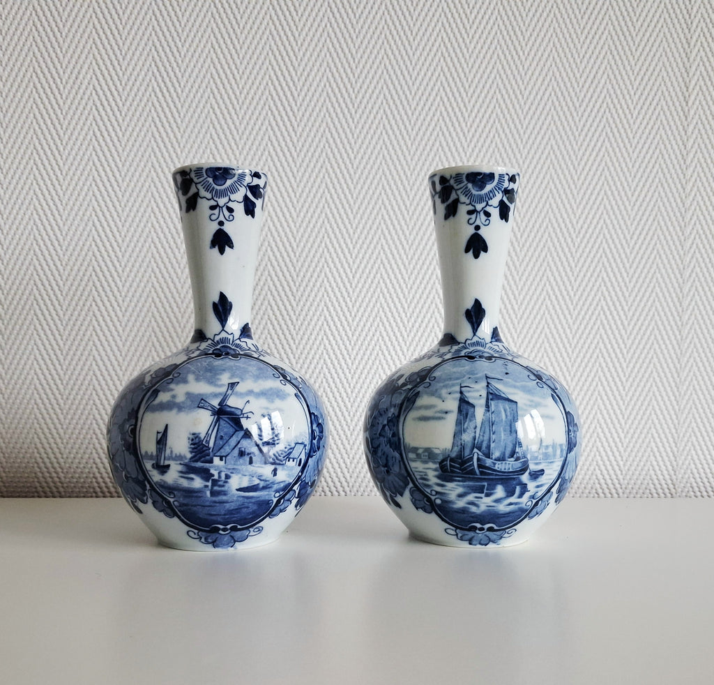 Pair of antique Delft-style vases, Mosa Maastricht Holland, Windmill & sailing ship décor