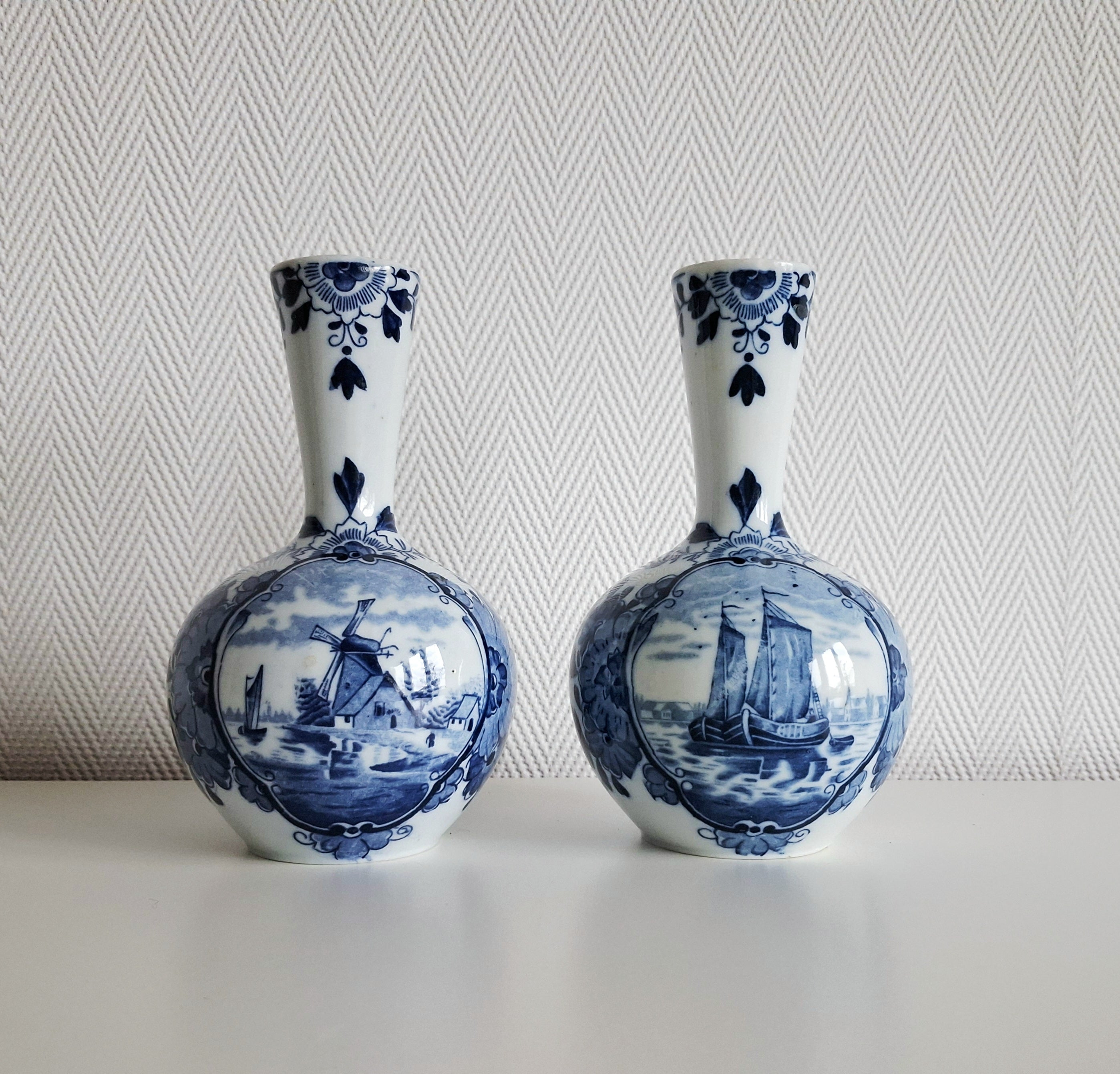 Pair of antique Delft-style vases, Mosa Maastricht Holland, Windmill & sailing ship décor