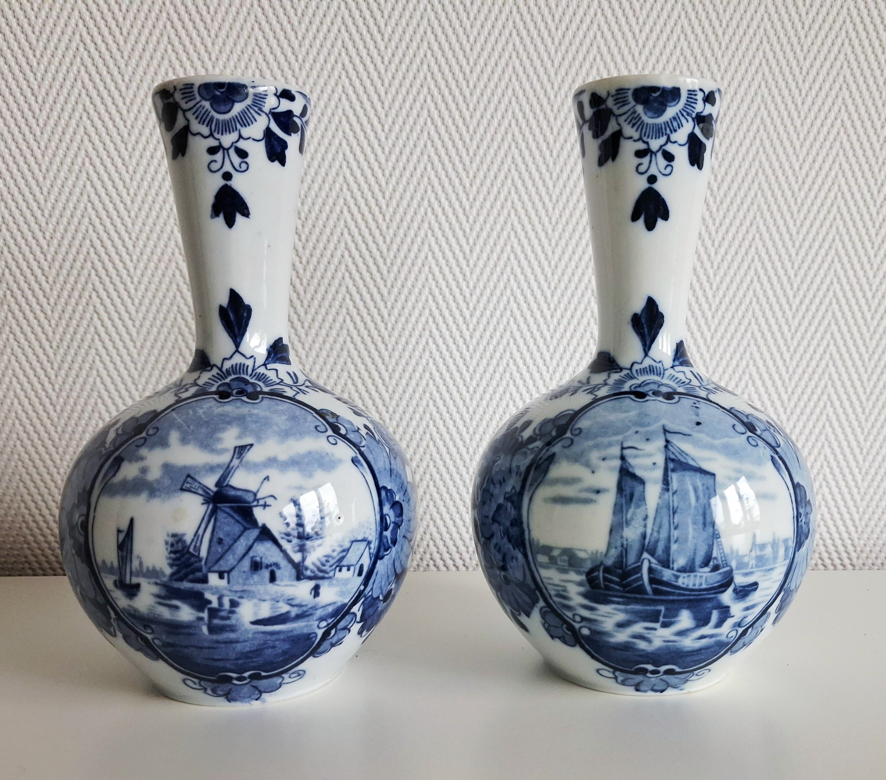 Pair of antique Delft-style vases, Mosa Maastricht Holland, Windmill & sailing ship décor