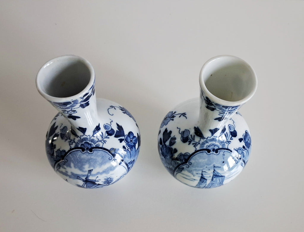 Pair of antique Delft-style vases, Mosa Maastricht Holland, Windmill & sailing ship décor