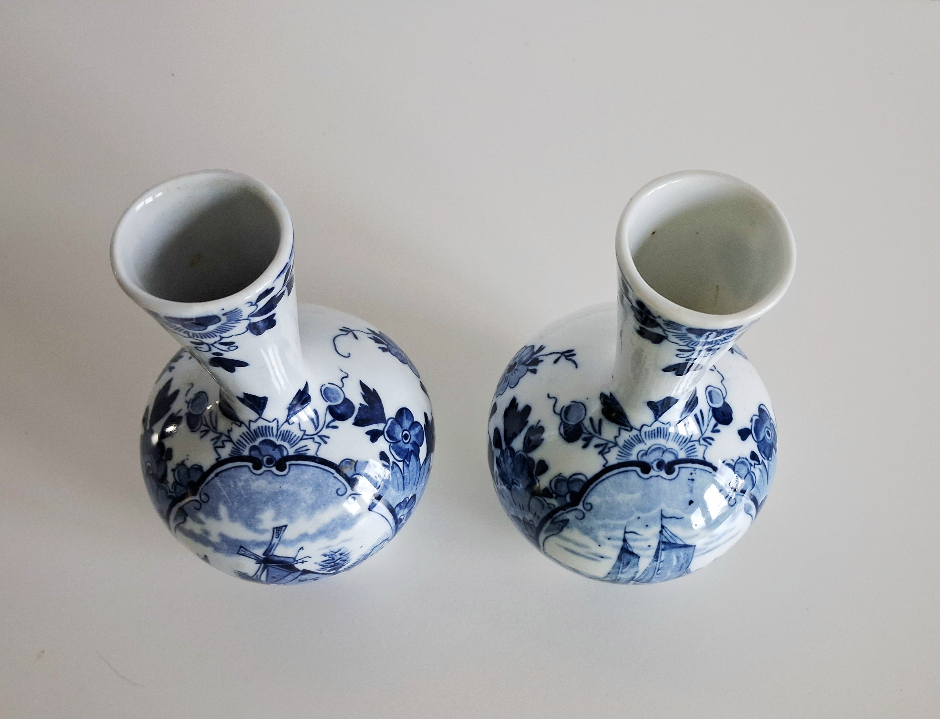Pair of antique Delft-style vases, Mosa Maastricht Holland, Windmill & sailing ship décor
