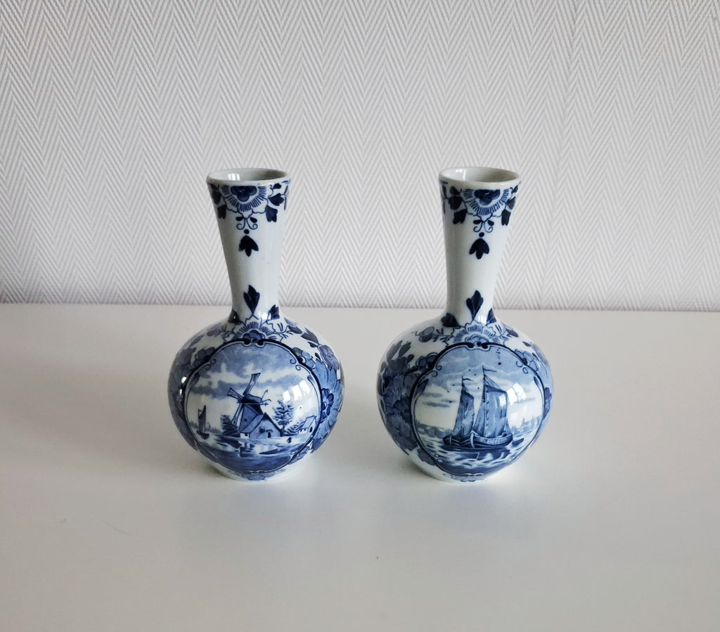 Pair of antique Delft-style vases, Mosa Maastricht Holland, Windmill & sailing ship décor