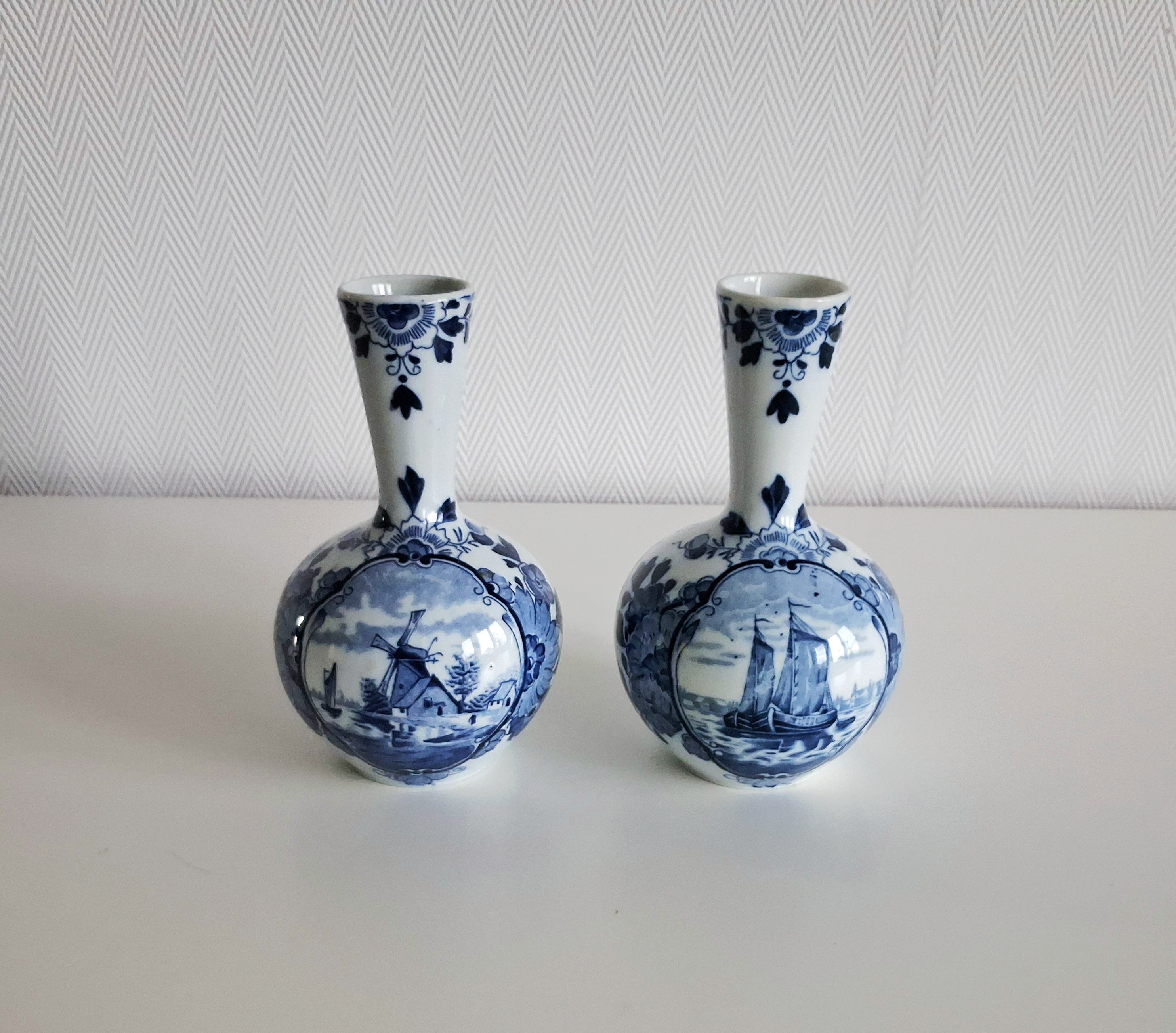 Pair of antique Delft-style vases, Mosa Maastricht Holland, Windmill & sailing ship décor