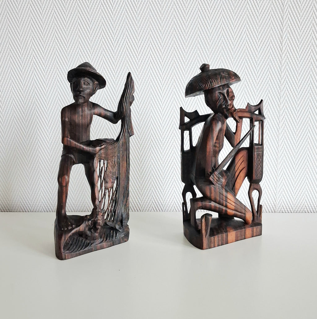 Balinese hand carved wood figures, Fisherman and rice farmer