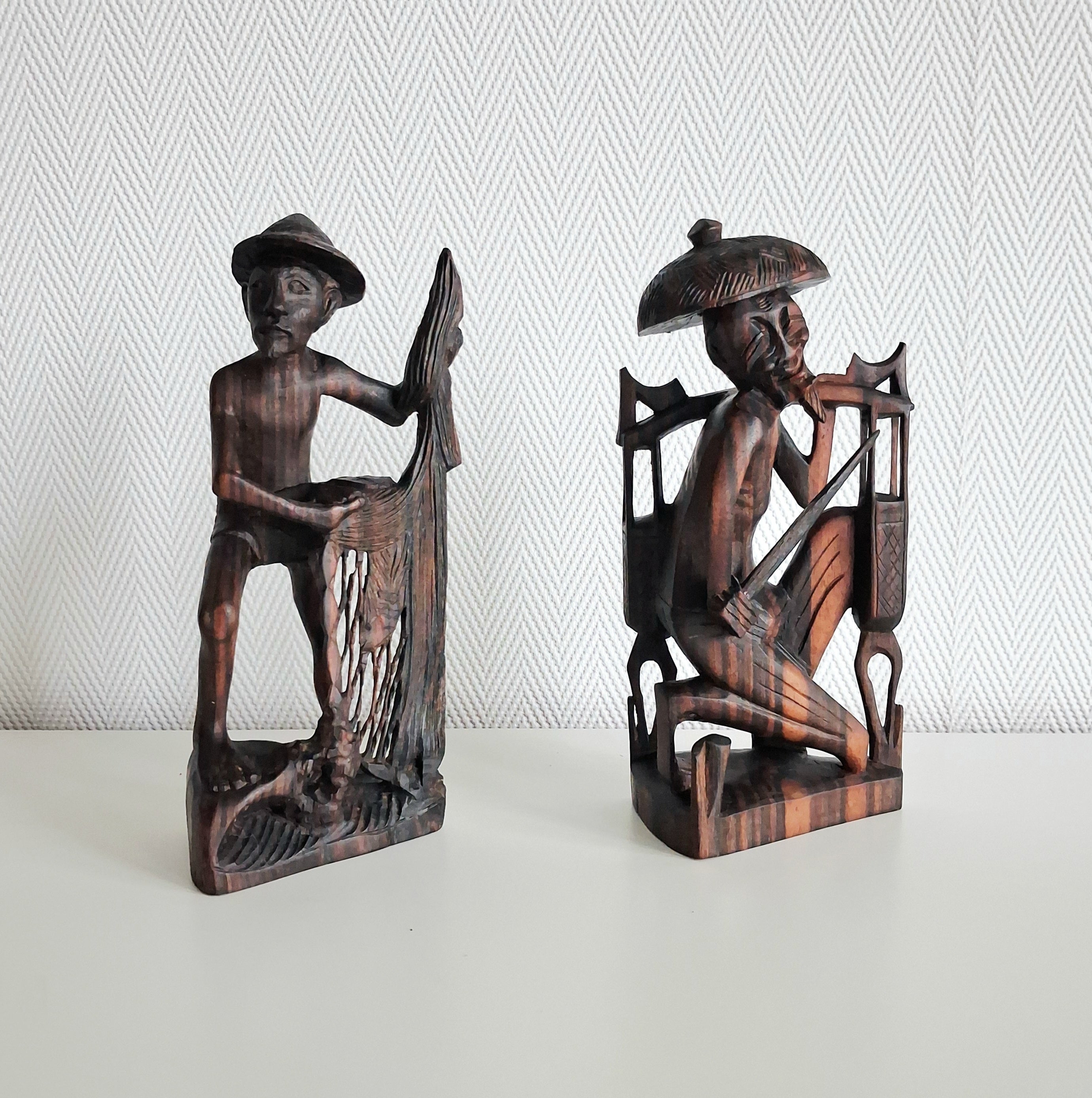 Balinese hand carved wood figures, Fisherman and rice farmer
