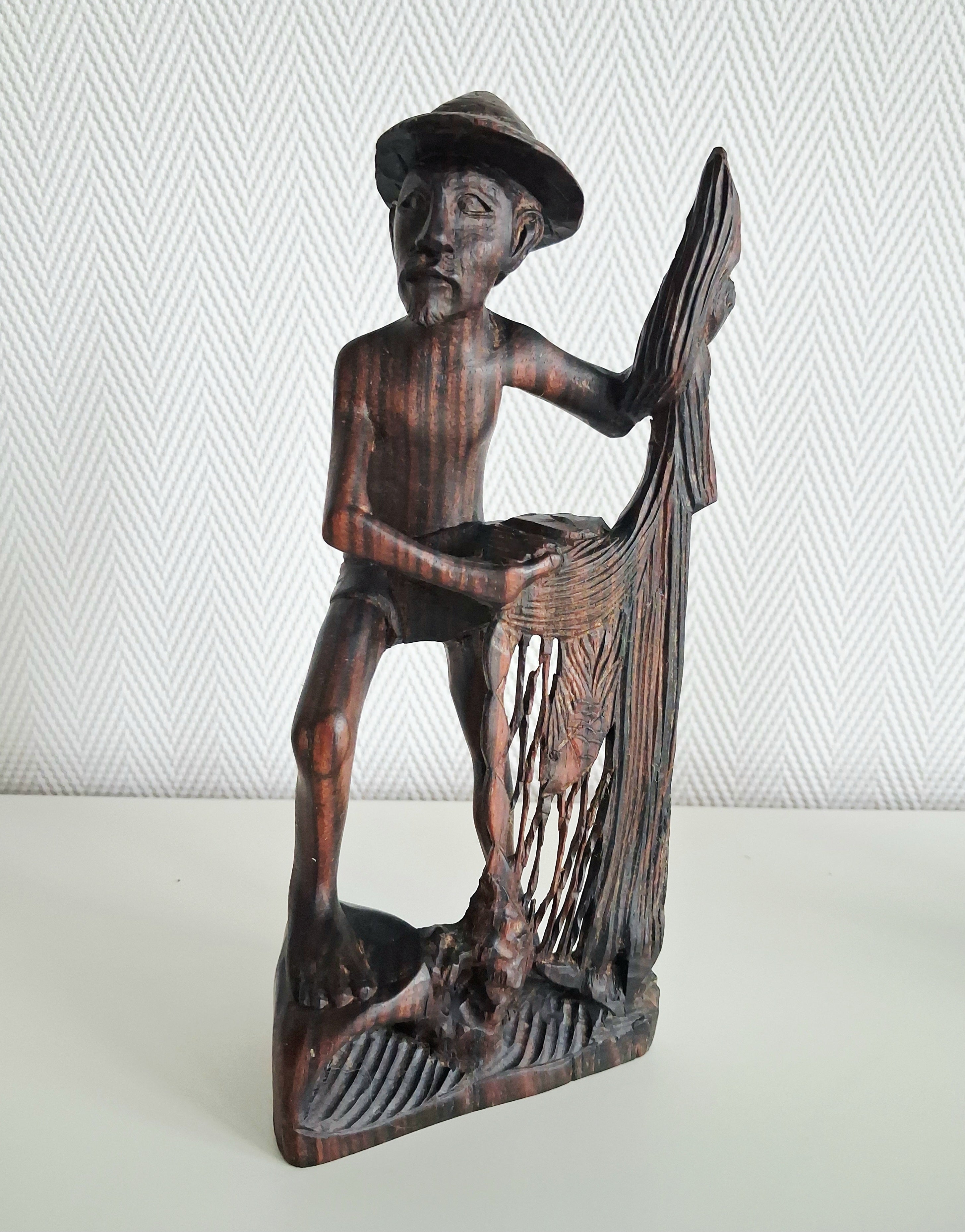 Balinese hand carved wood figures, Fisherman and rice farmer