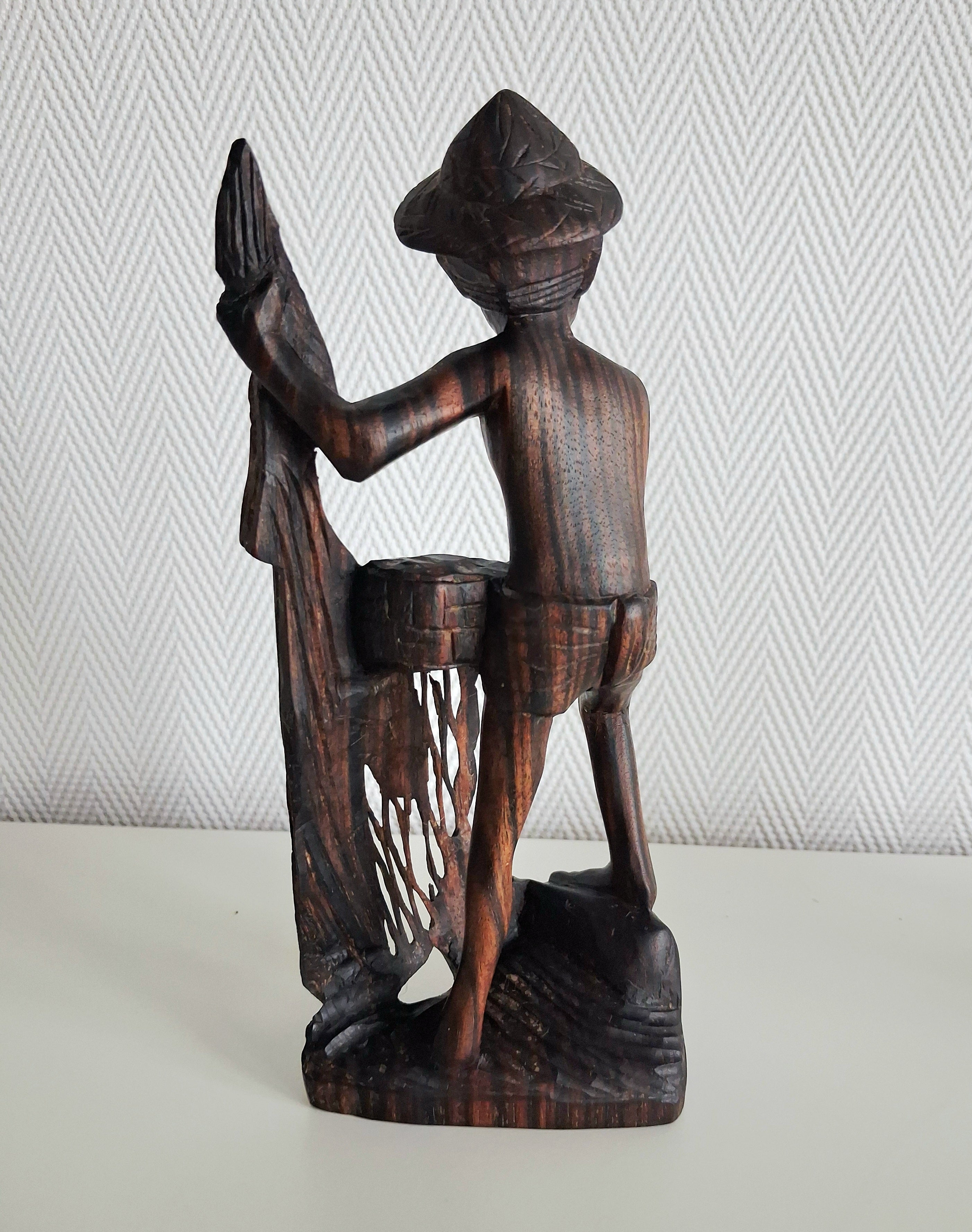 Balinese hand carved wood figures, Fisherman and rice farmer