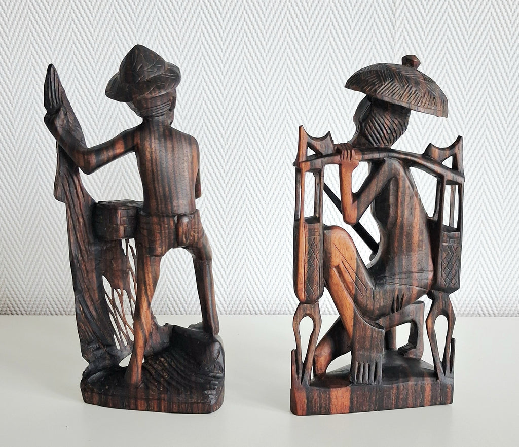 Balinese hand carved wood figures, Fisherman and rice farmer