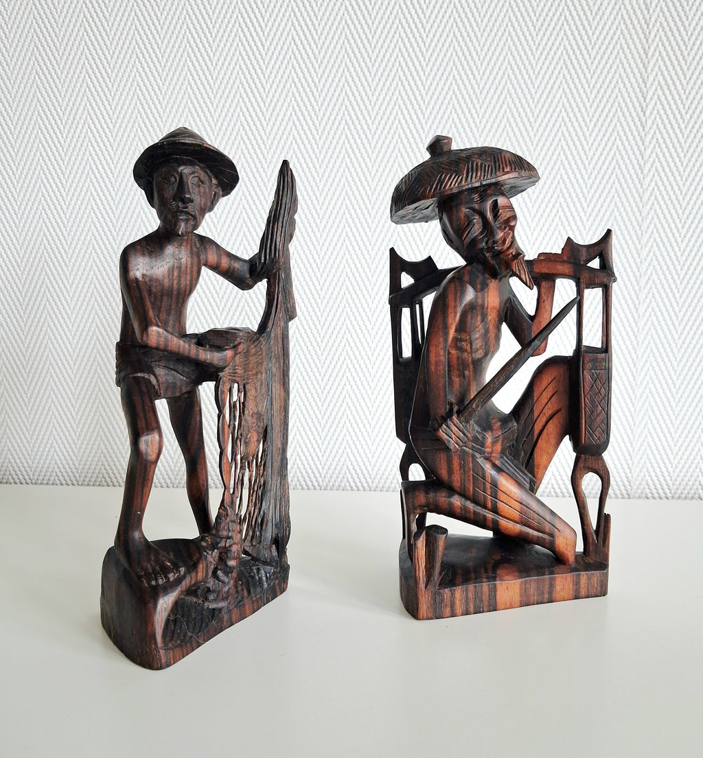 Balinese hand carved wood figures, Fisherman and rice farmer