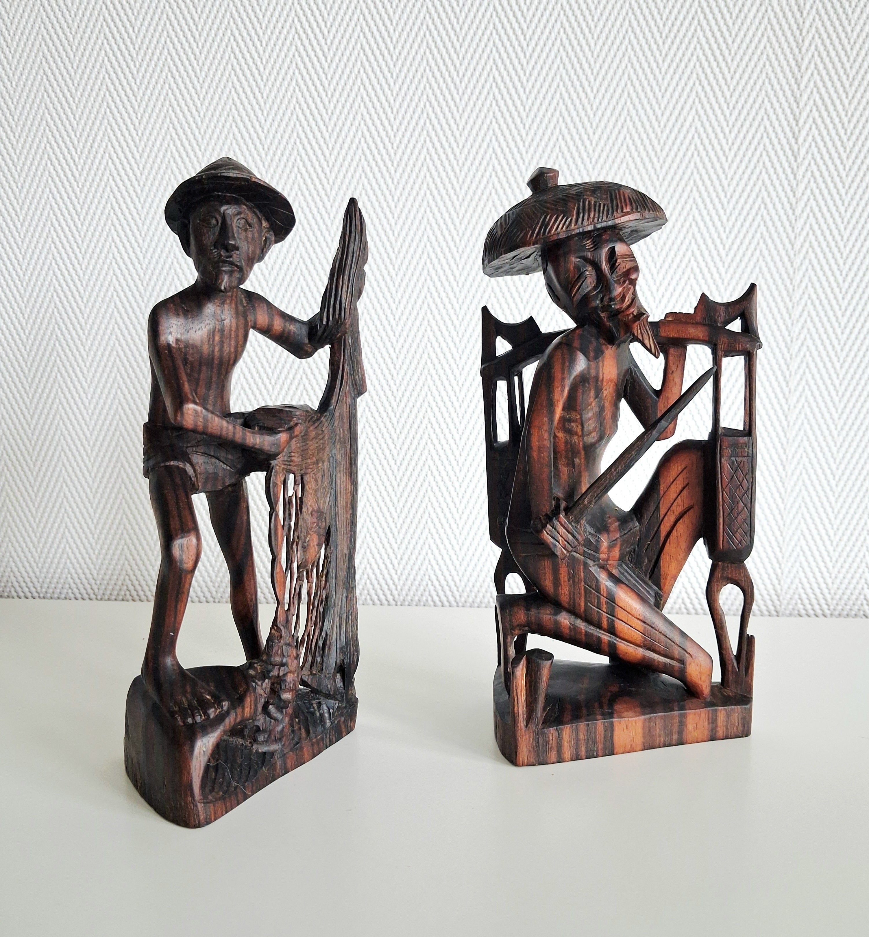 Balinese hand carved wood figures, Fisherman and rice farmer