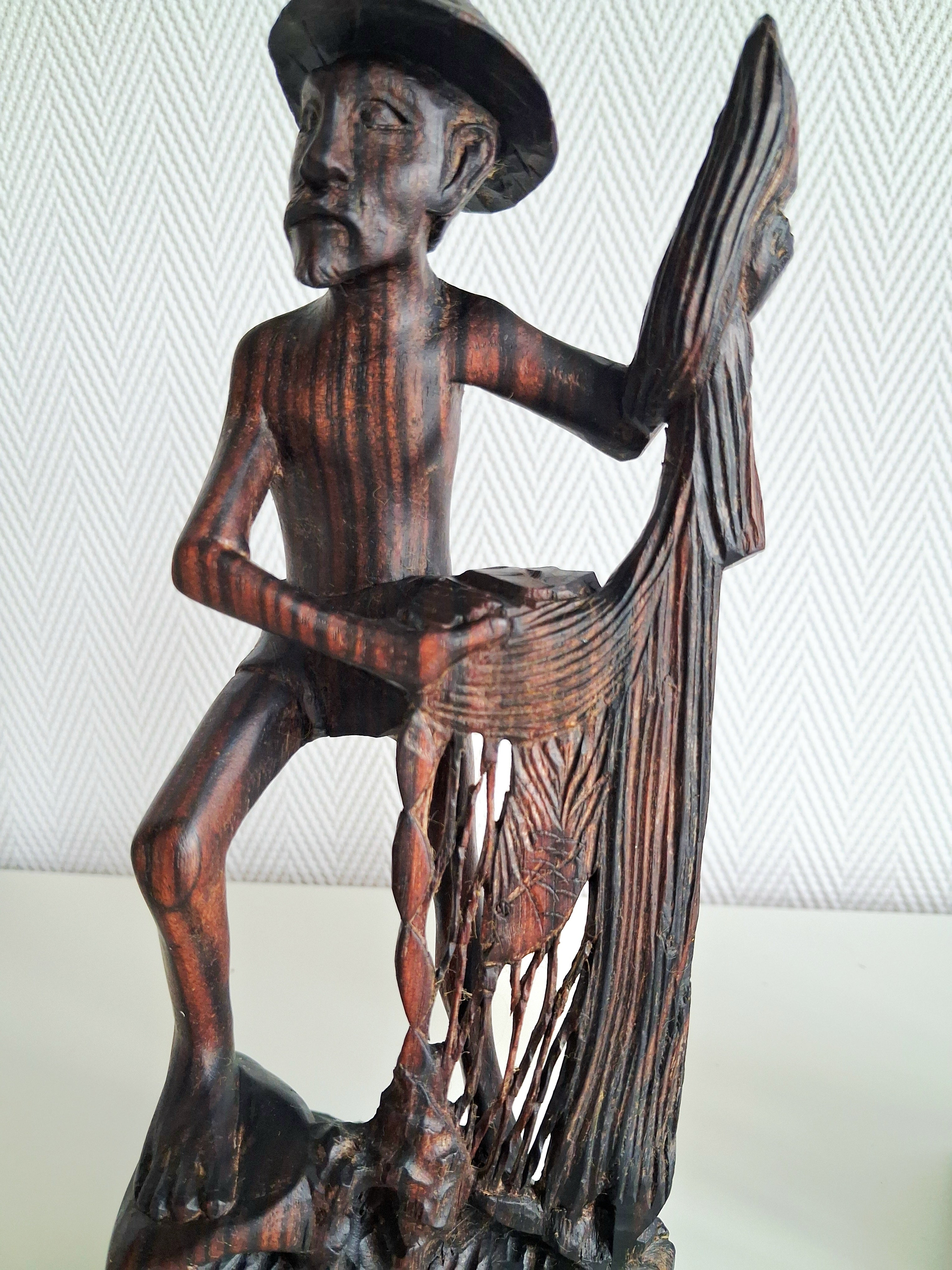 Balinese hand carved wood figures, Fisherman and rice farmer