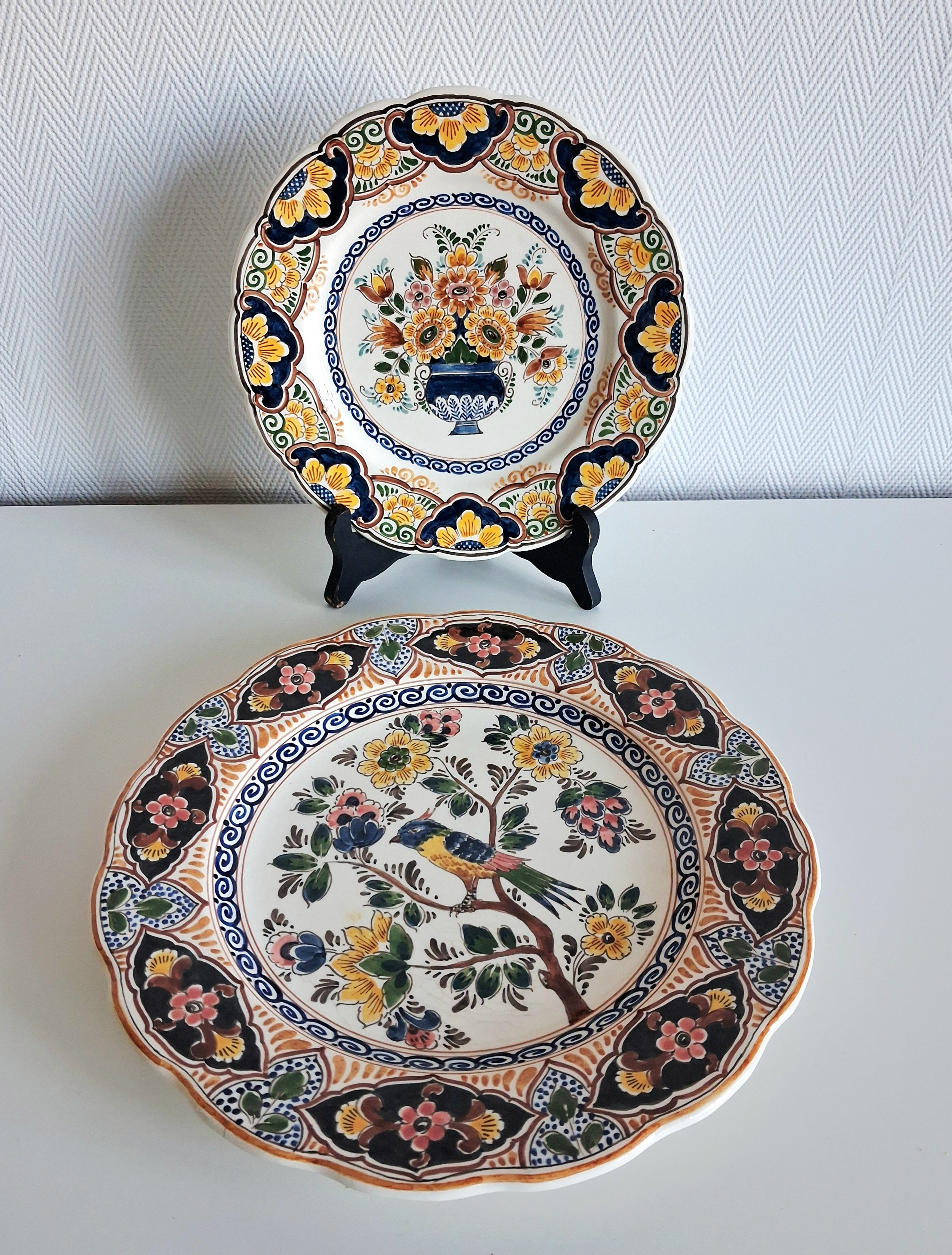 Hand painted Dutch Delft floral plates, Holland wall plates