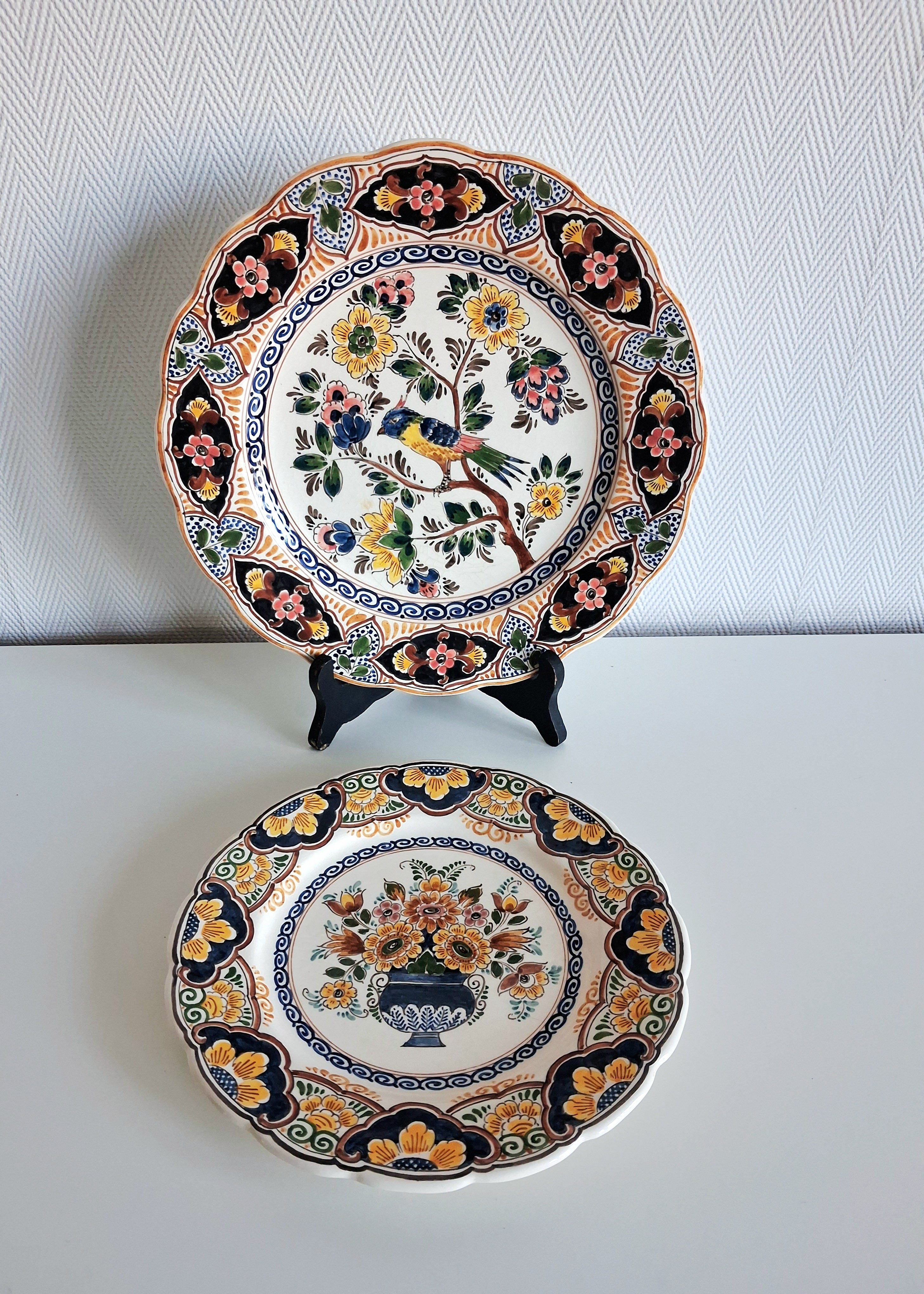 Hand painted Dutch Delft floral plates, Holland wall plates