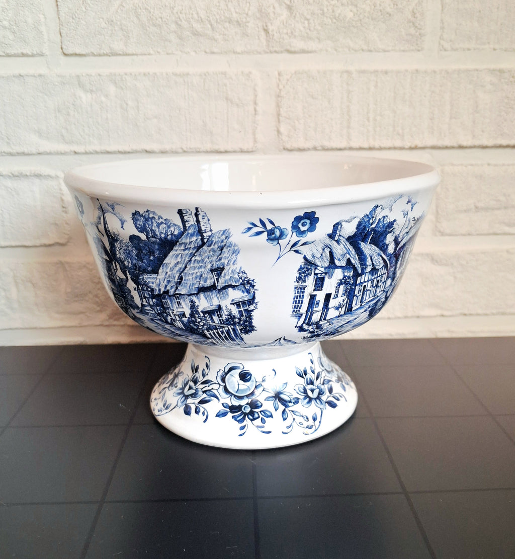 Blue Delft hand decorated pedestal bowl made in Holland