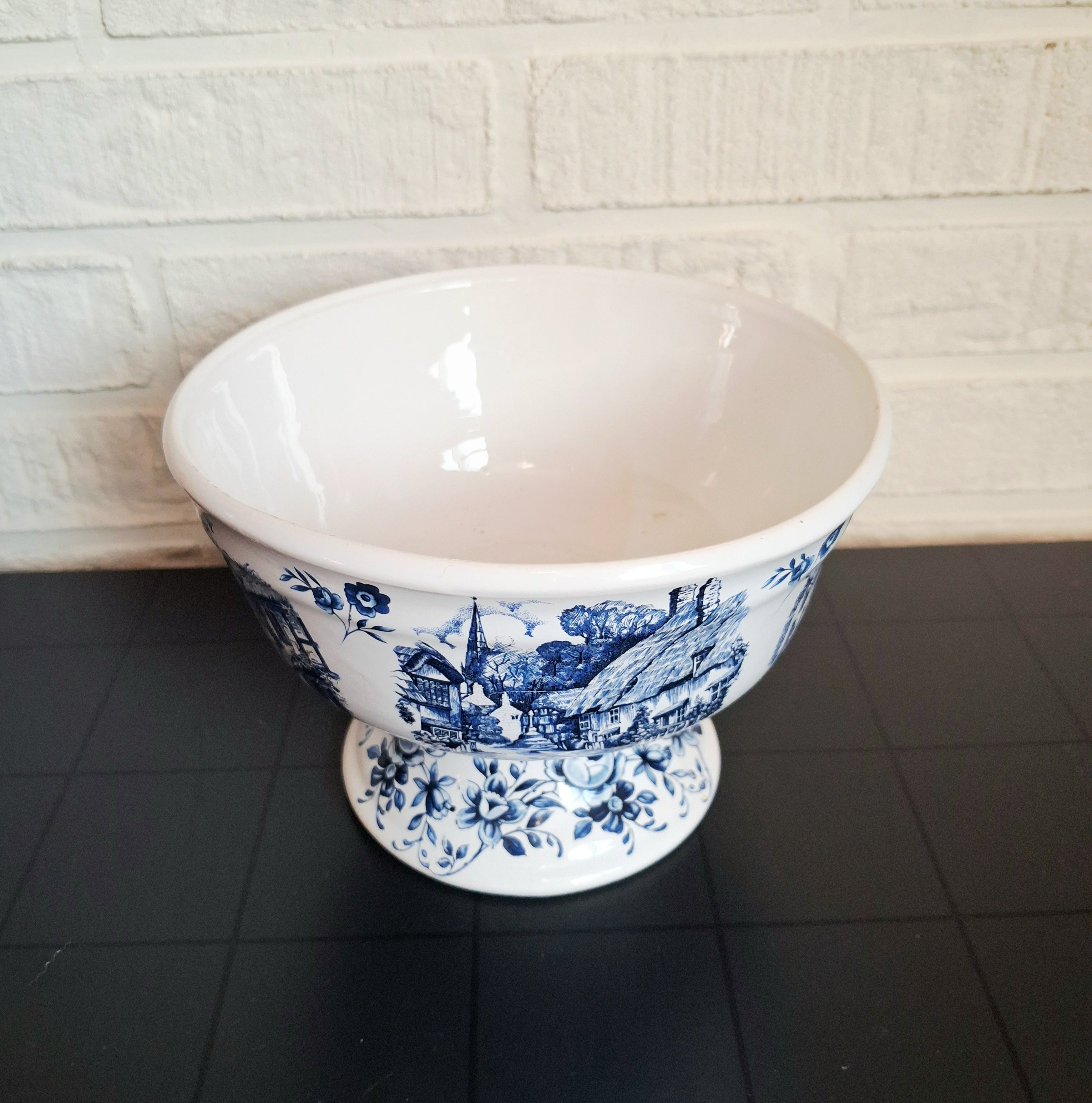 Blue Delft hand decorated pedestal bowl made in Holland
