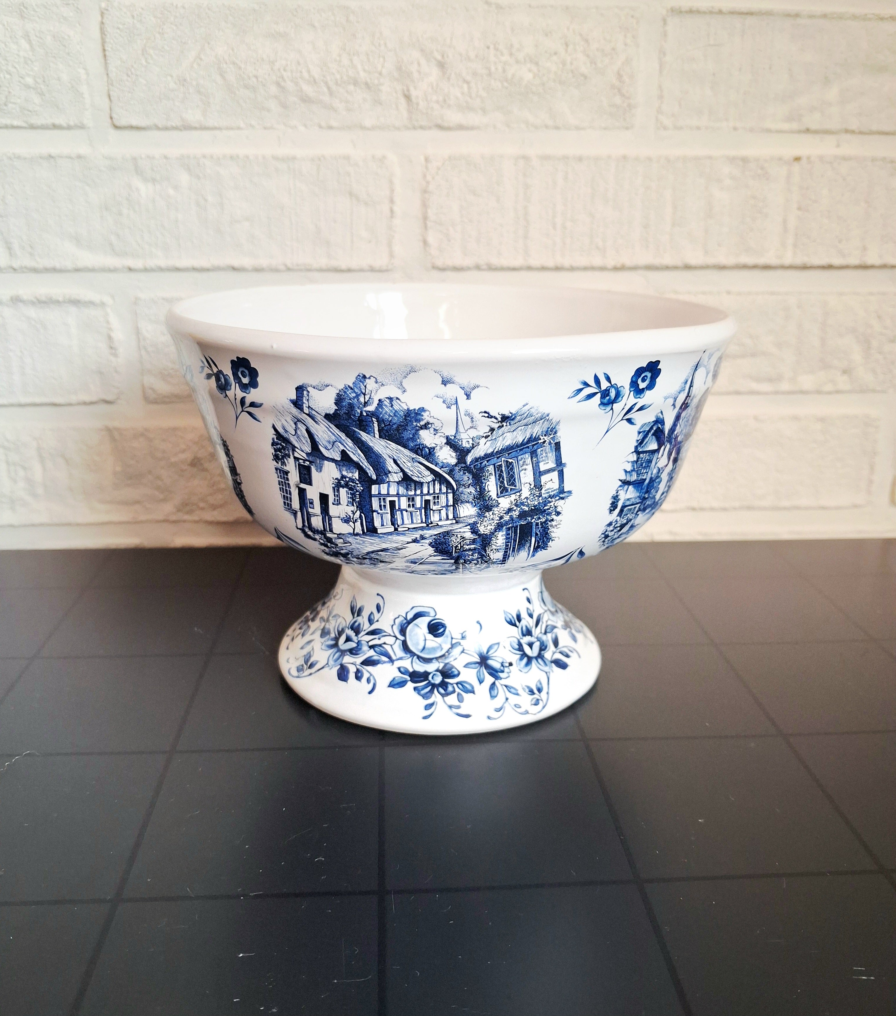 Blue Delft hand decorated pedestal bowl made in Holland