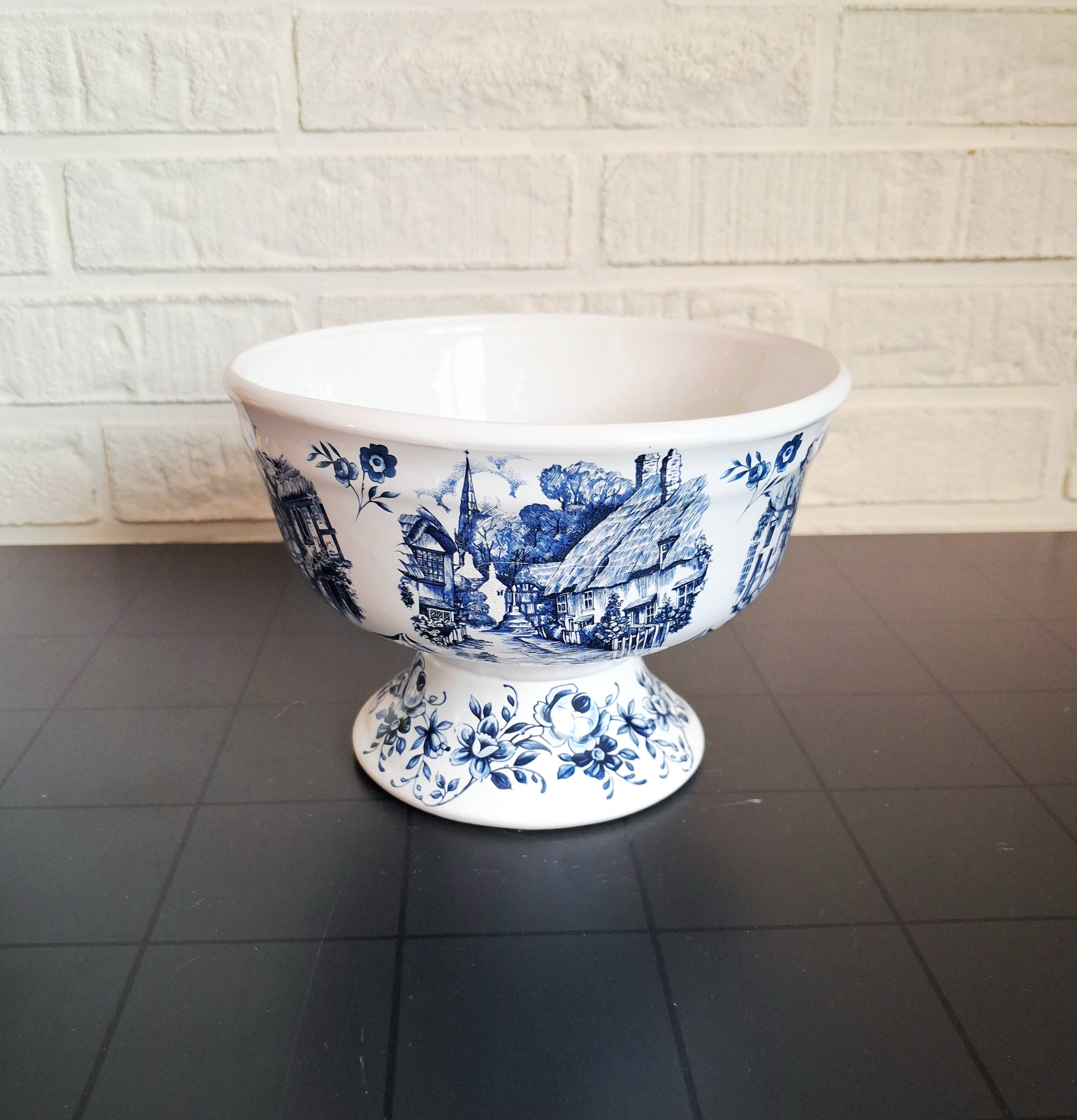 Blue Delft hand decorated pedestal bowl made in Holland