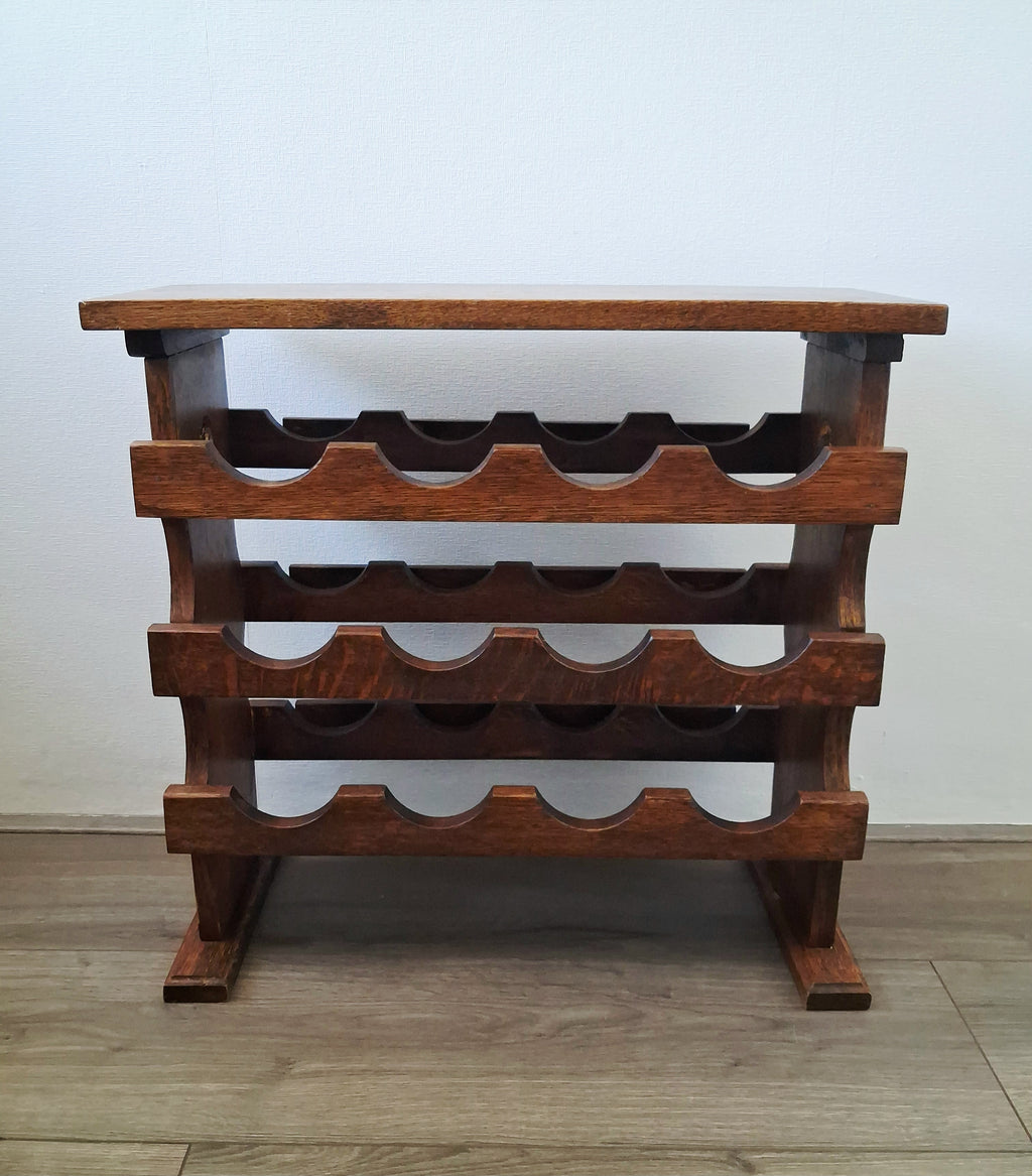 Vintage duthc oak wine rack stand with shelf