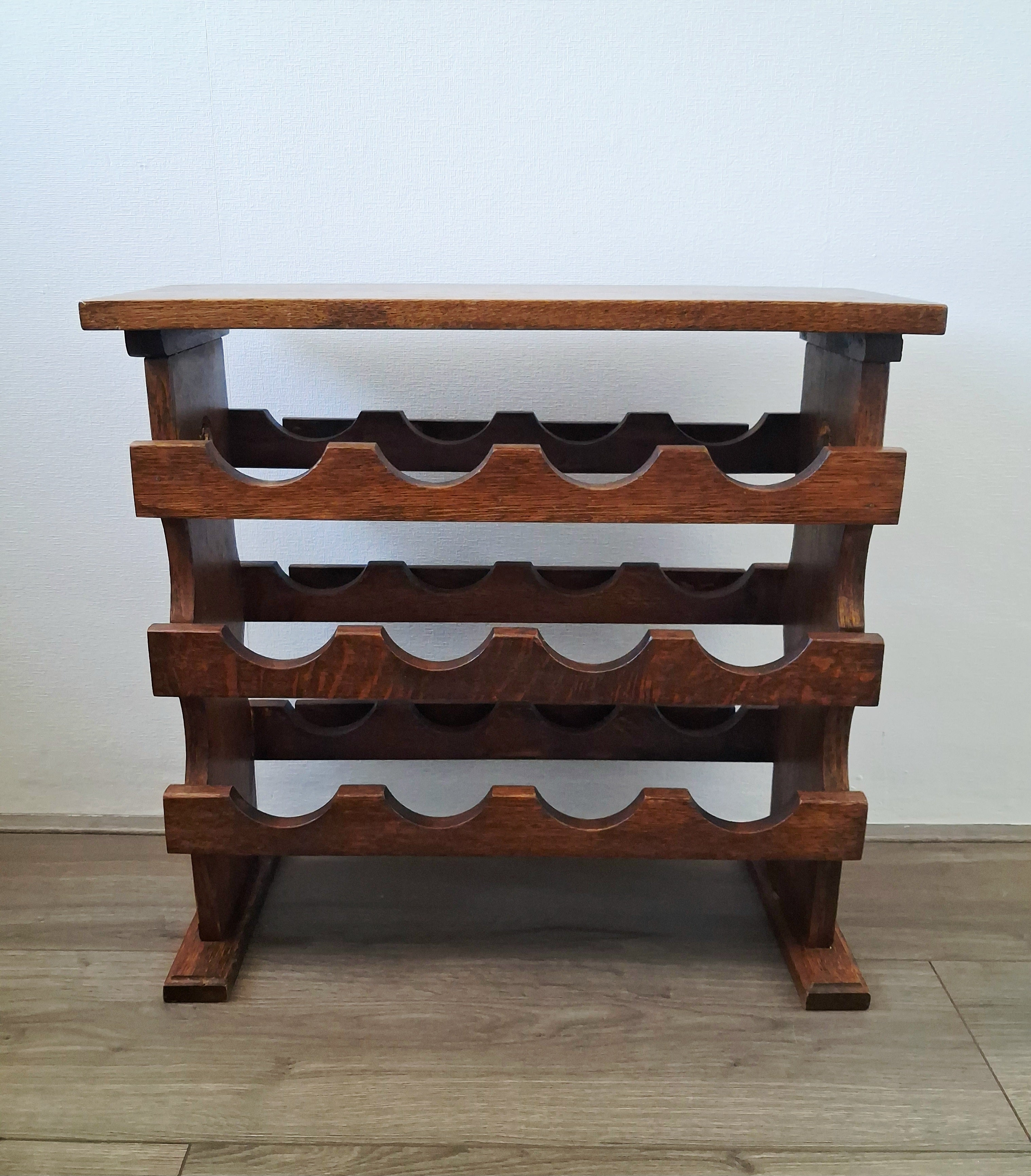 Vintage duthc oak wine rack stand with shelf