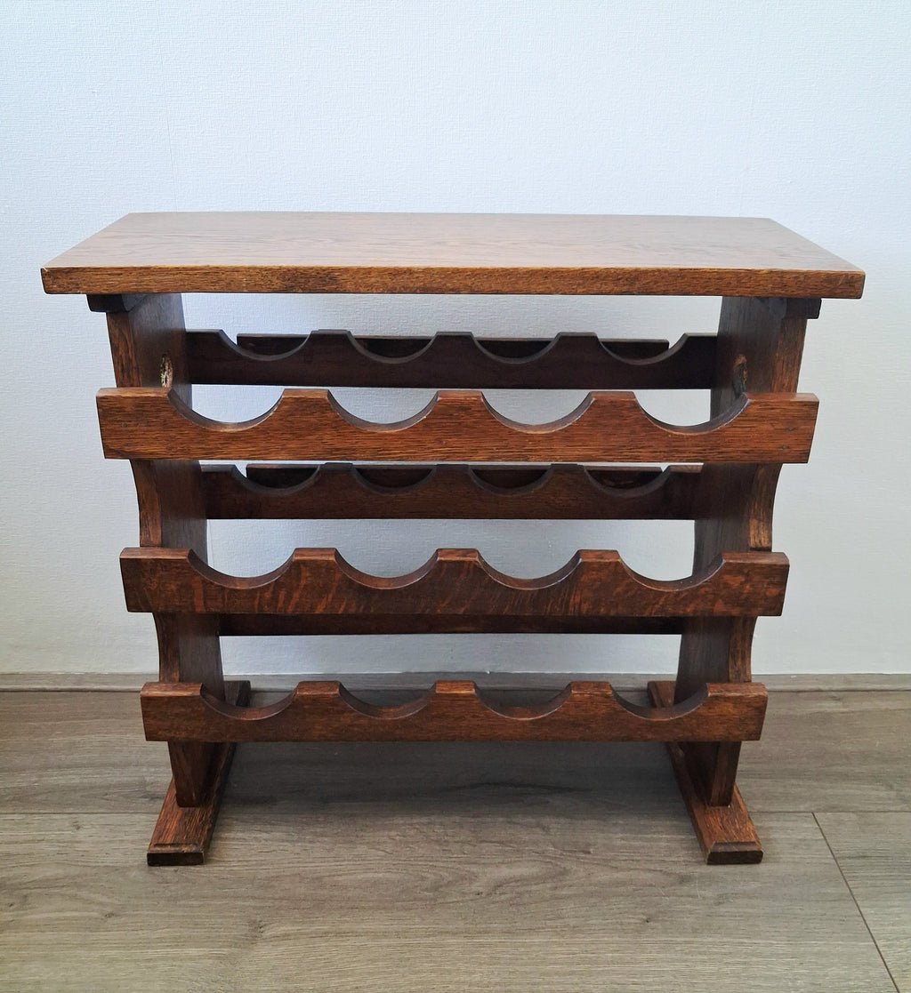 Vintage duthc oak wine rack stand with shelf